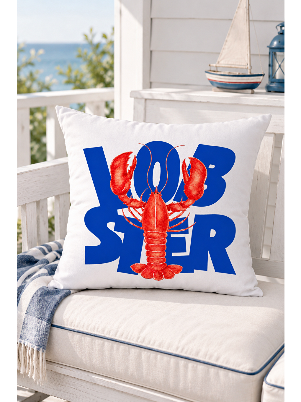 Beyaz Lobster Mavi Yazı Baskılı Marin Dekoratif Kırlent Kılıfı Yazlık Ev Dekor 43x43 Cm-4
