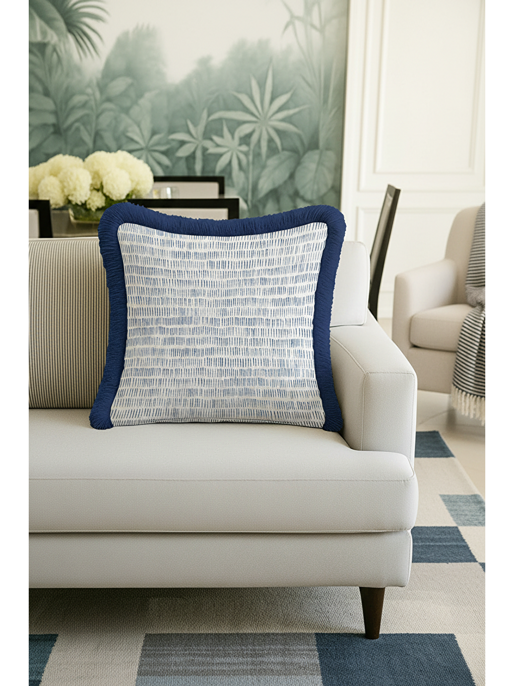 Karışık Çizgili Lüks Saçaklı Yastık Kılıfı - Akdeniz Modern Mavi Beyaz Püsküllü Kırlent Kılıfı-1