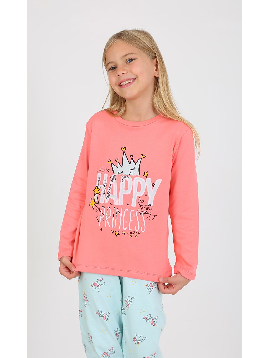 Kırmızı Kız Çocuk Uzun Kollu %100 Pamuklu Pijama Takımı Happy Princess Nar