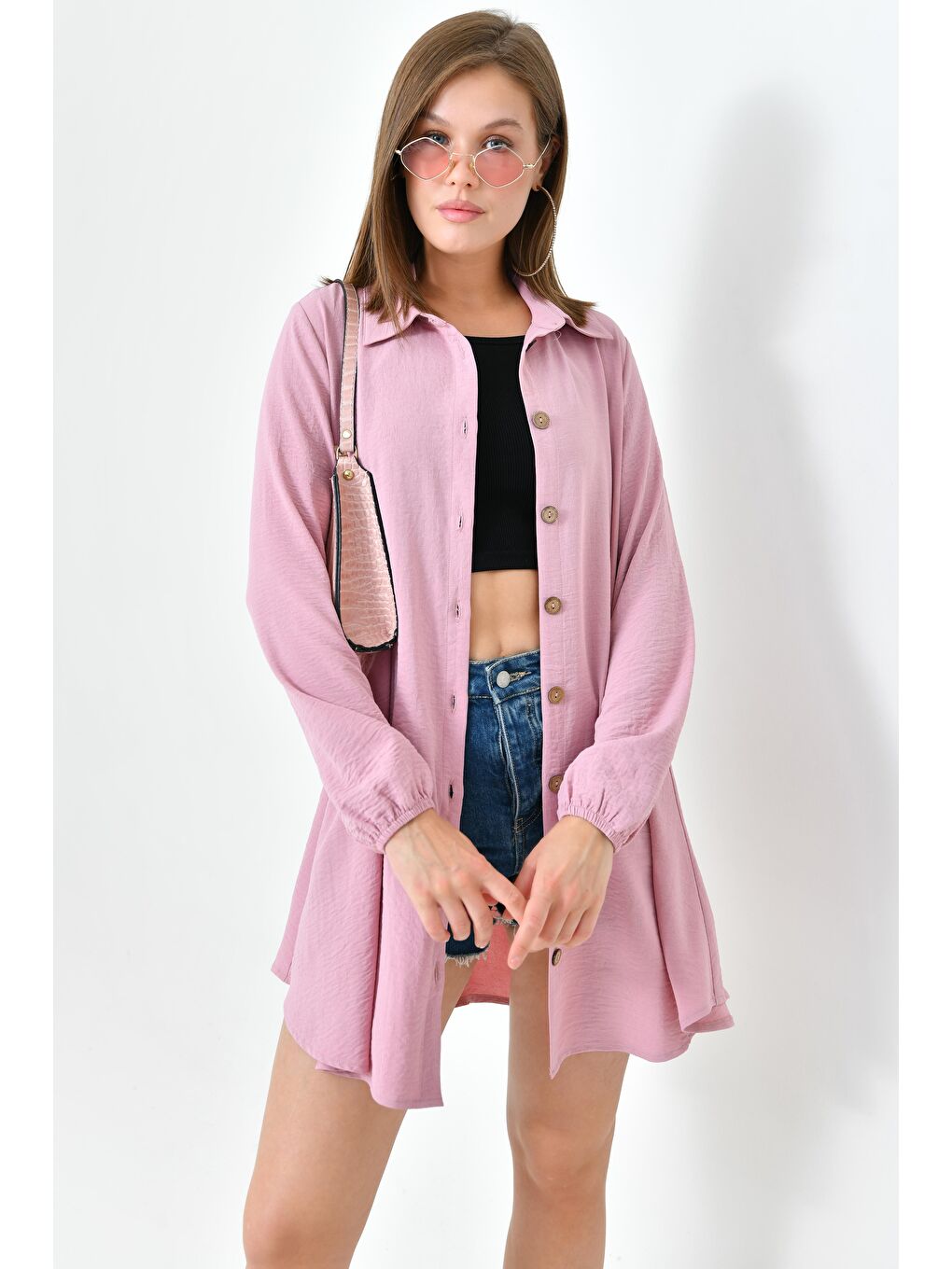 Pembe Koyu Pudra Kadın Gömlek Yaka Ahşap Düğmeli Kolağzı Lastikli Aerobin Dokuma Tunik - Regular Fit-2