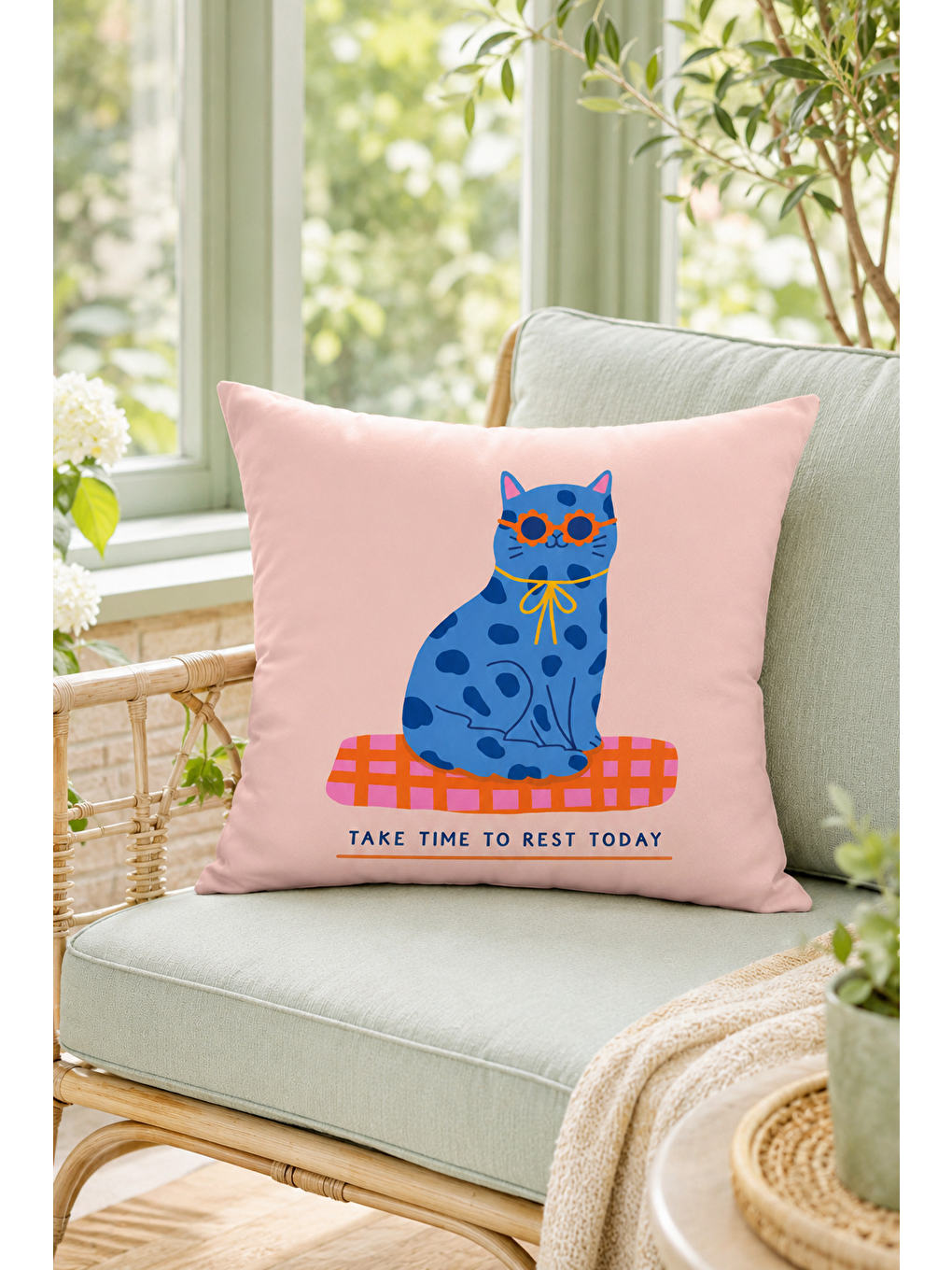 Mavi Kedi Yazı Baskılı Dekoratif Kırlent Kılıfı Pembe Modern Salon Dekor 43x43 Cm-7