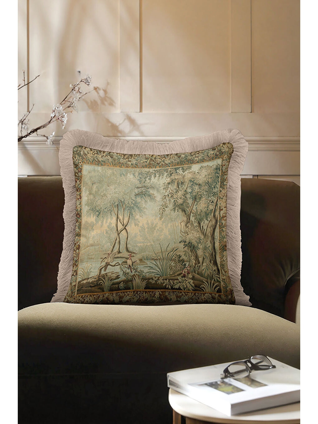 Karışık Lüks Vintage Doğal Manzara Saçaklı Yastık Kılıfı - Klasik Country Bej Yeşil Püsküllü Kırlent Kılıfı-1