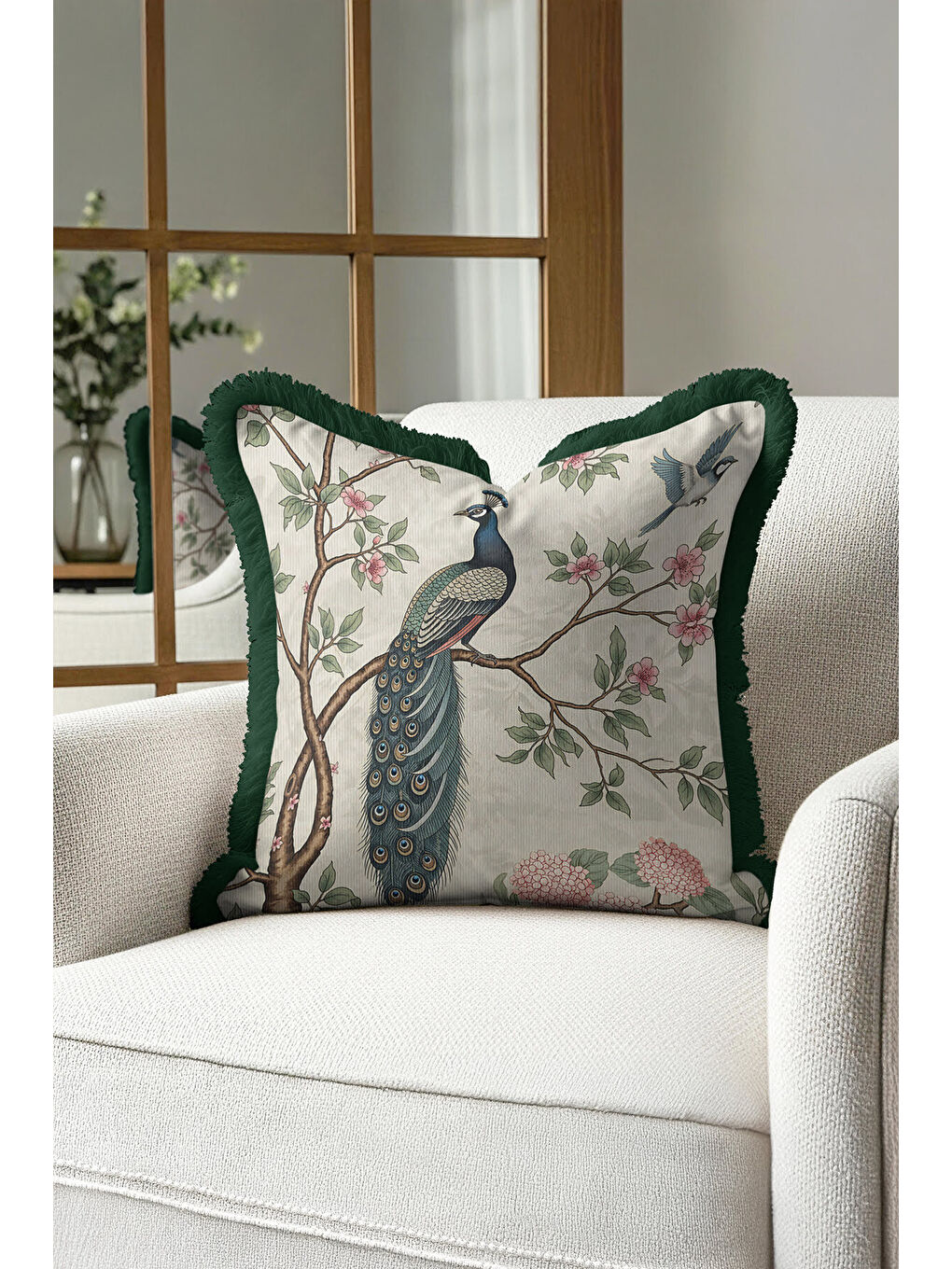 Karışık Zarif Tavuskuşlu Saçaklı Yastık Kılıfı - Doğal Çiçekli Vintage Yeşil Krem Püsküllü Kırlent Kılıfı