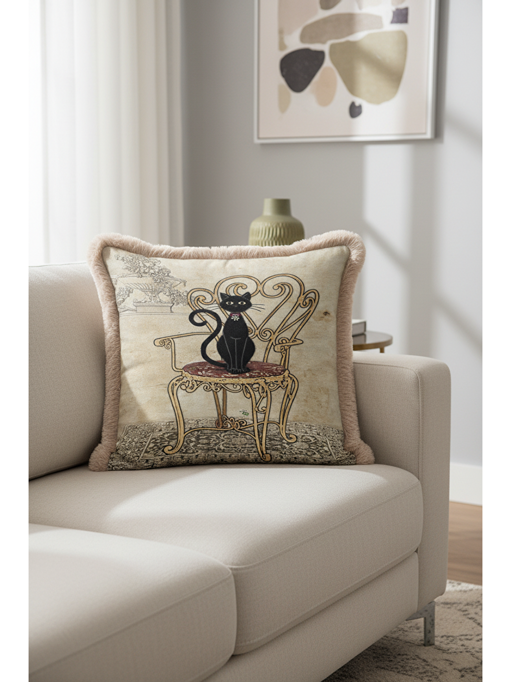 Karışık Vintage Kedi Motifli Saçaklı Yastık Kılıfı - Romantik Retro Bej Siyah Püsküllü Kırlent Kılıfı-3