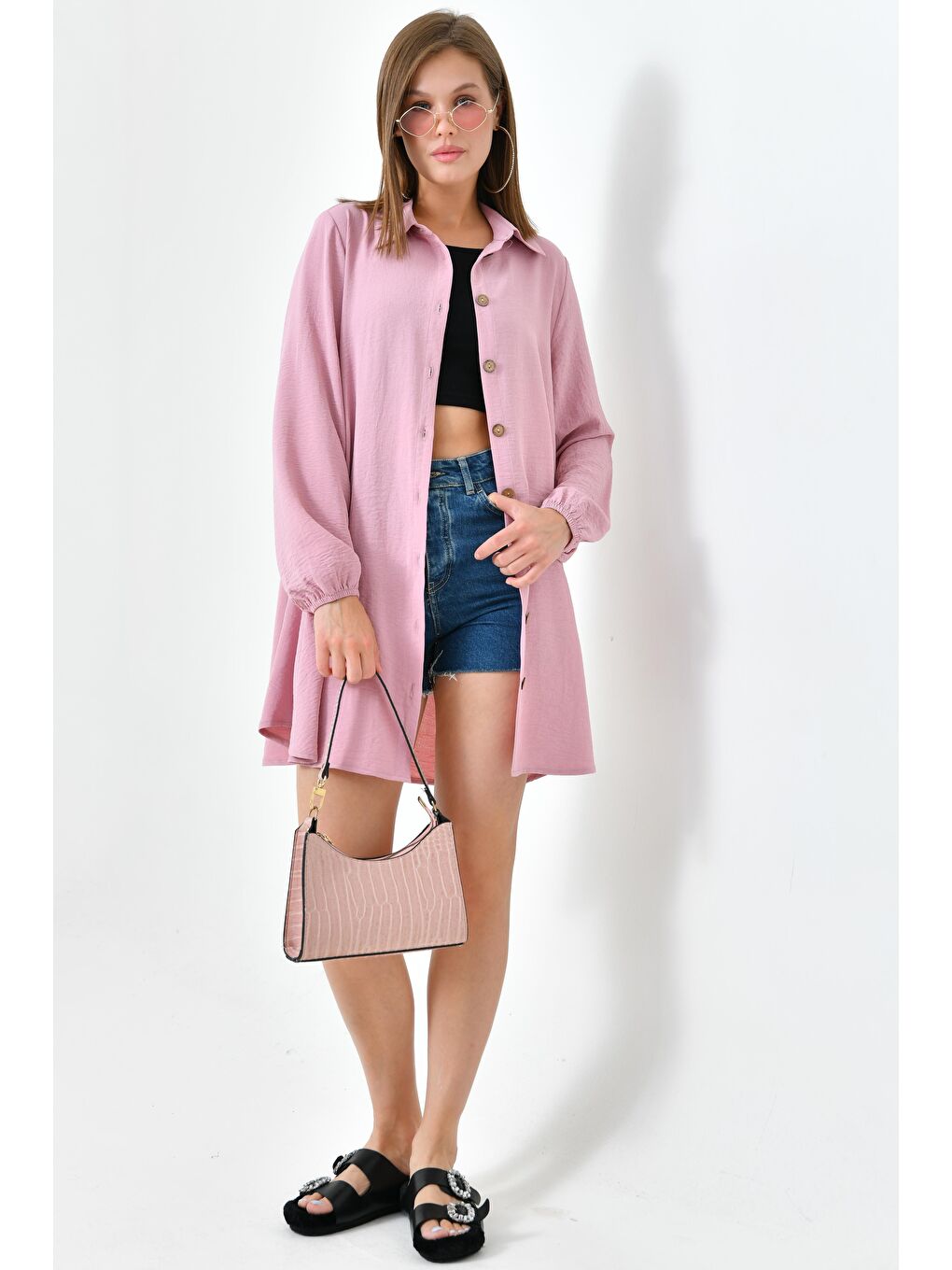 Pembe Koyu Pudra Kadın Gömlek Yaka Ahşap Düğmeli Kolağzı Lastikli Aerobin Dokuma Tunik - Regular Fit-3