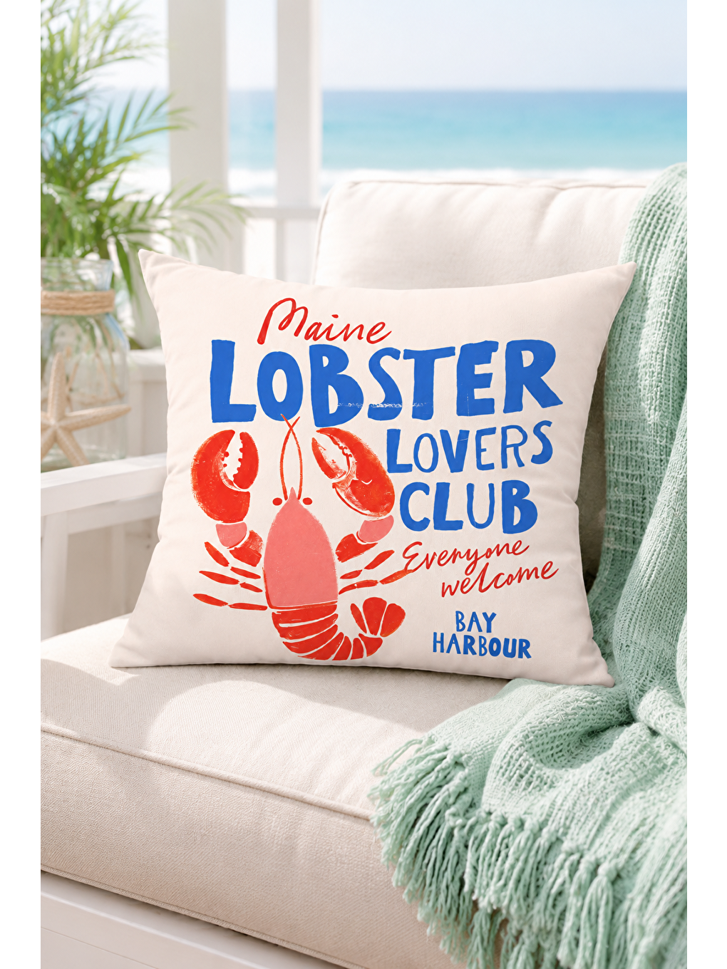 Beyaz Maine Lobster Lovers Club Marin Dekoratif Kırlent Kılıfı Yazlık Ev Dekor 43x43 Cm-1
