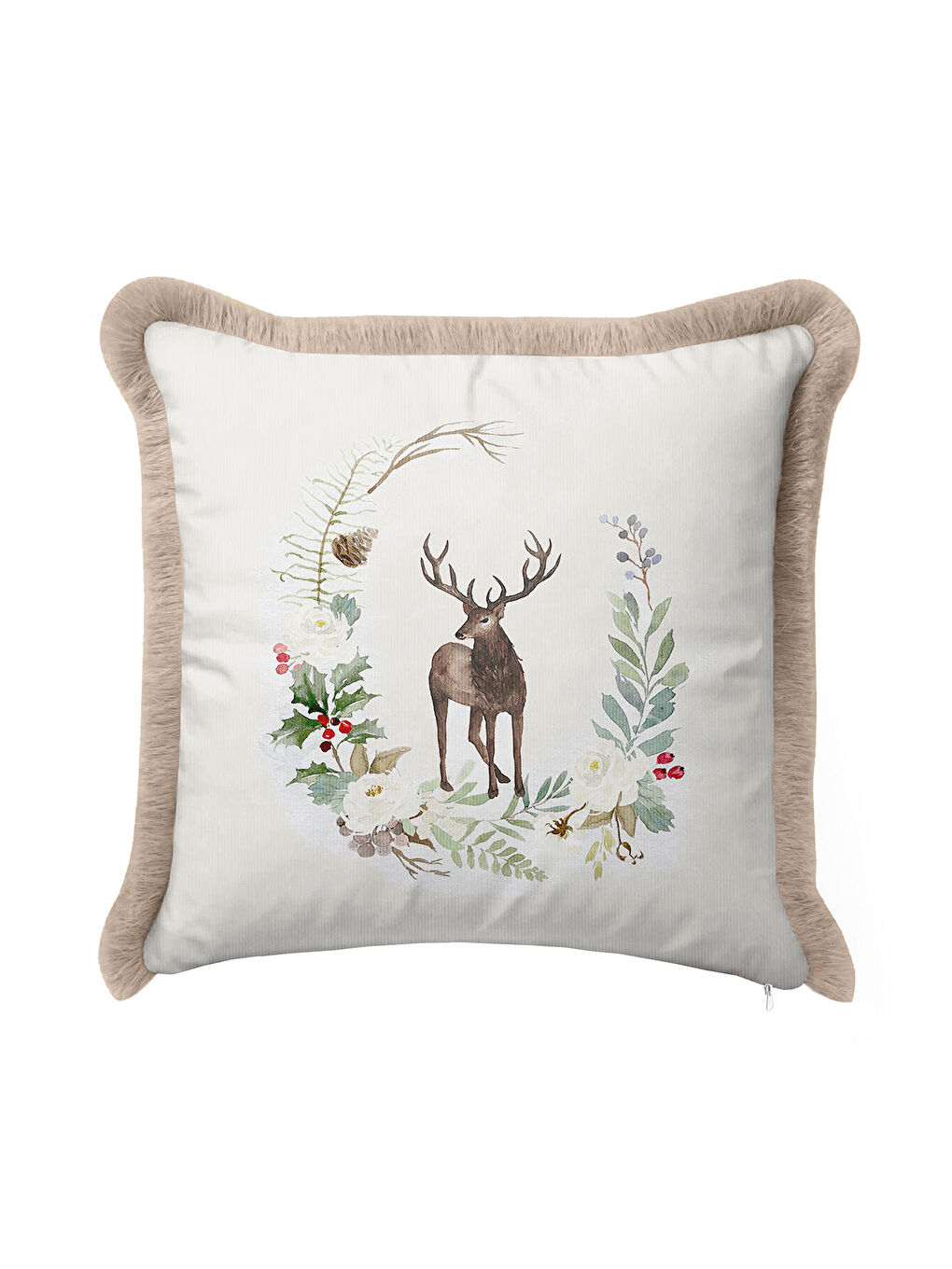Karışık Doğal Orman Temalı Saçaklı Yastık Kılıfı - Geyik Figürü Tarzı Krem Bej Püsküllü Kırlent Kılıfı-1