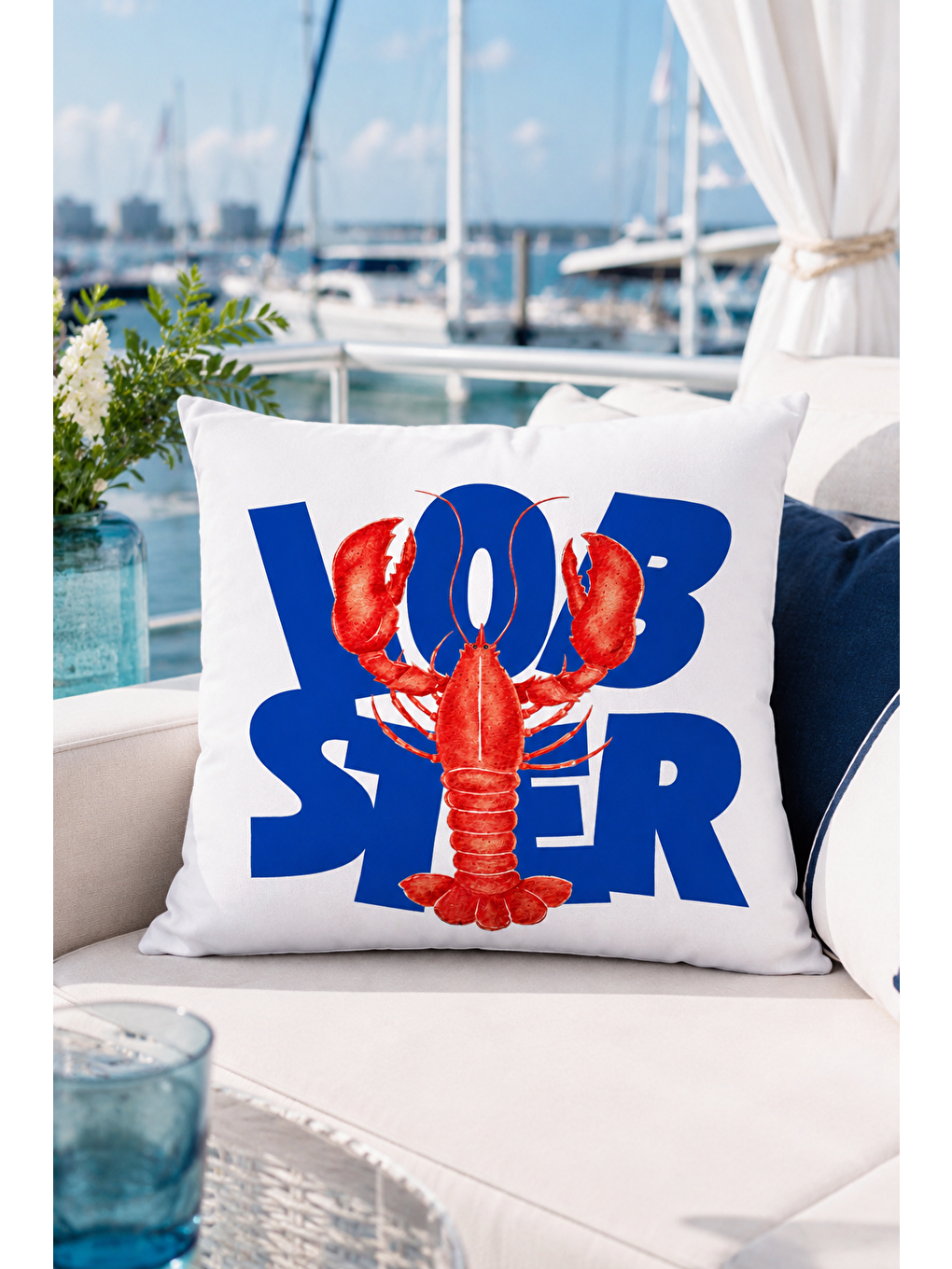 Beyaz Lobster Mavi Yazı Baskılı Marin Dekoratif Kırlent Kılıfı Yazlık Ev Dekor 43x43 Cm-5