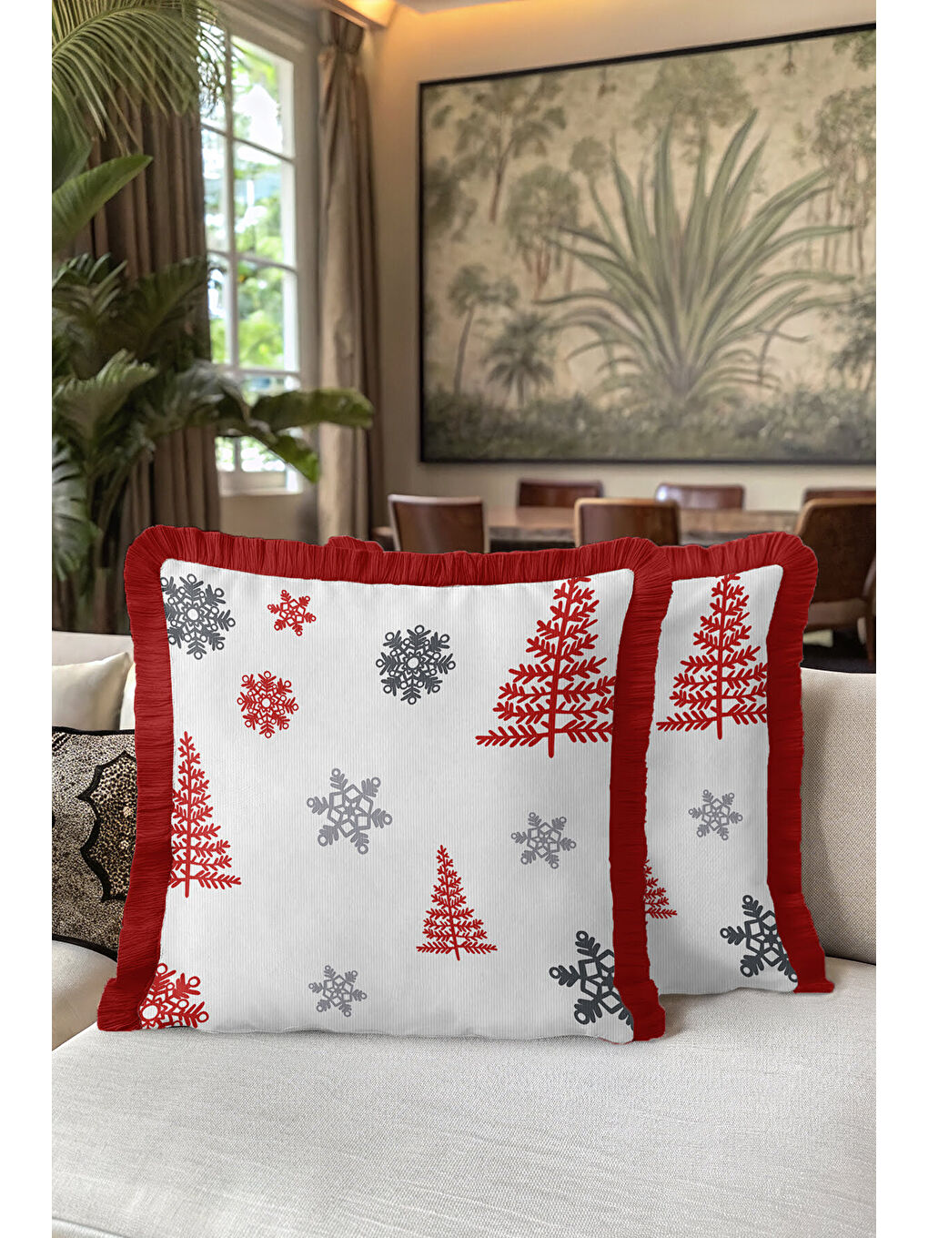 Karışık Kar Tanesi Işıltılı Saçaklı Yastık Kılıfı - Kış Temalı Modern Kırmızı Gri Püsküllü Kırlent Kılıfı-5