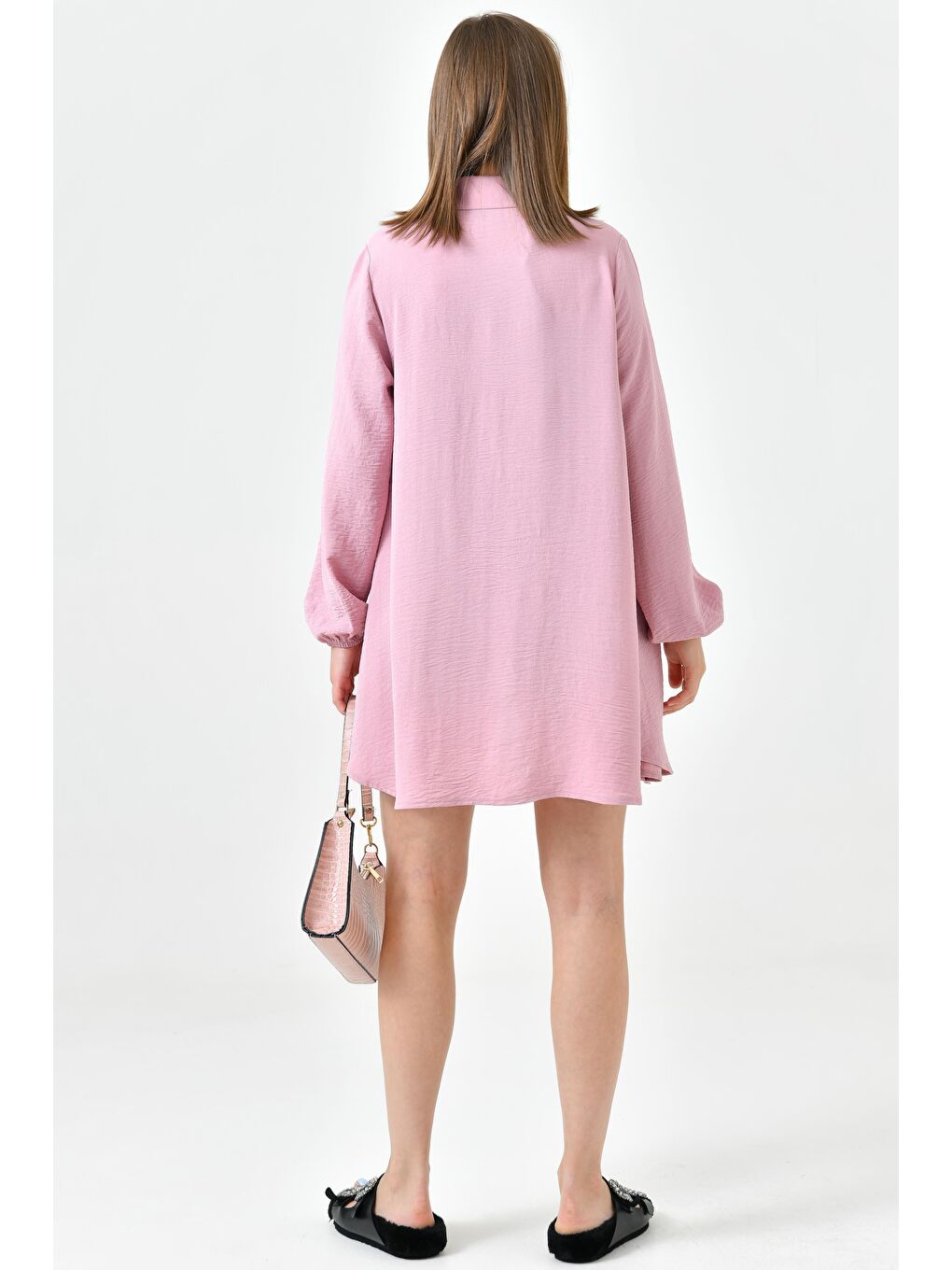 Pembe Koyu Pudra Kadın Gömlek Yaka Ahşap Düğmeli Kolağzı Lastikli Aerobin Dokuma Tunik - Regular Fit-4