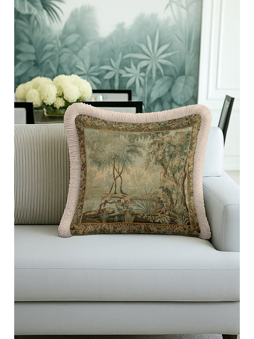 Karışık Lüks Vintage Doğal Manzara Saçaklı Yastık Kılıfı - Klasik Country Bej Yeşil Püsküllü Kırlent Kılıfı-2