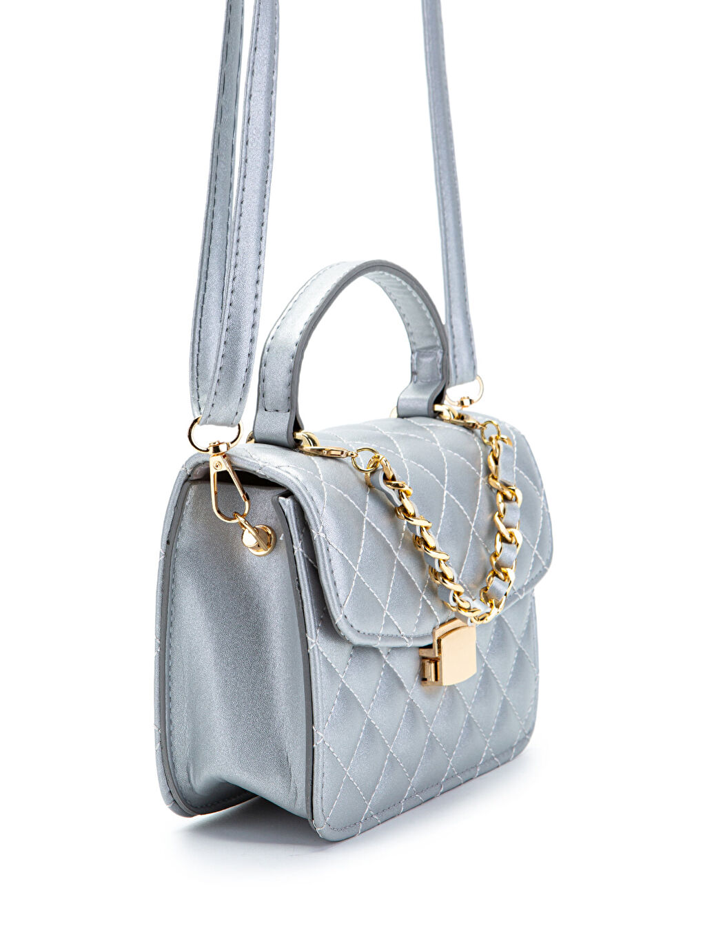 Gri Gold Zincir Charm Detaylı Isabella Kadın Çapraz Çanta Gümüş-2