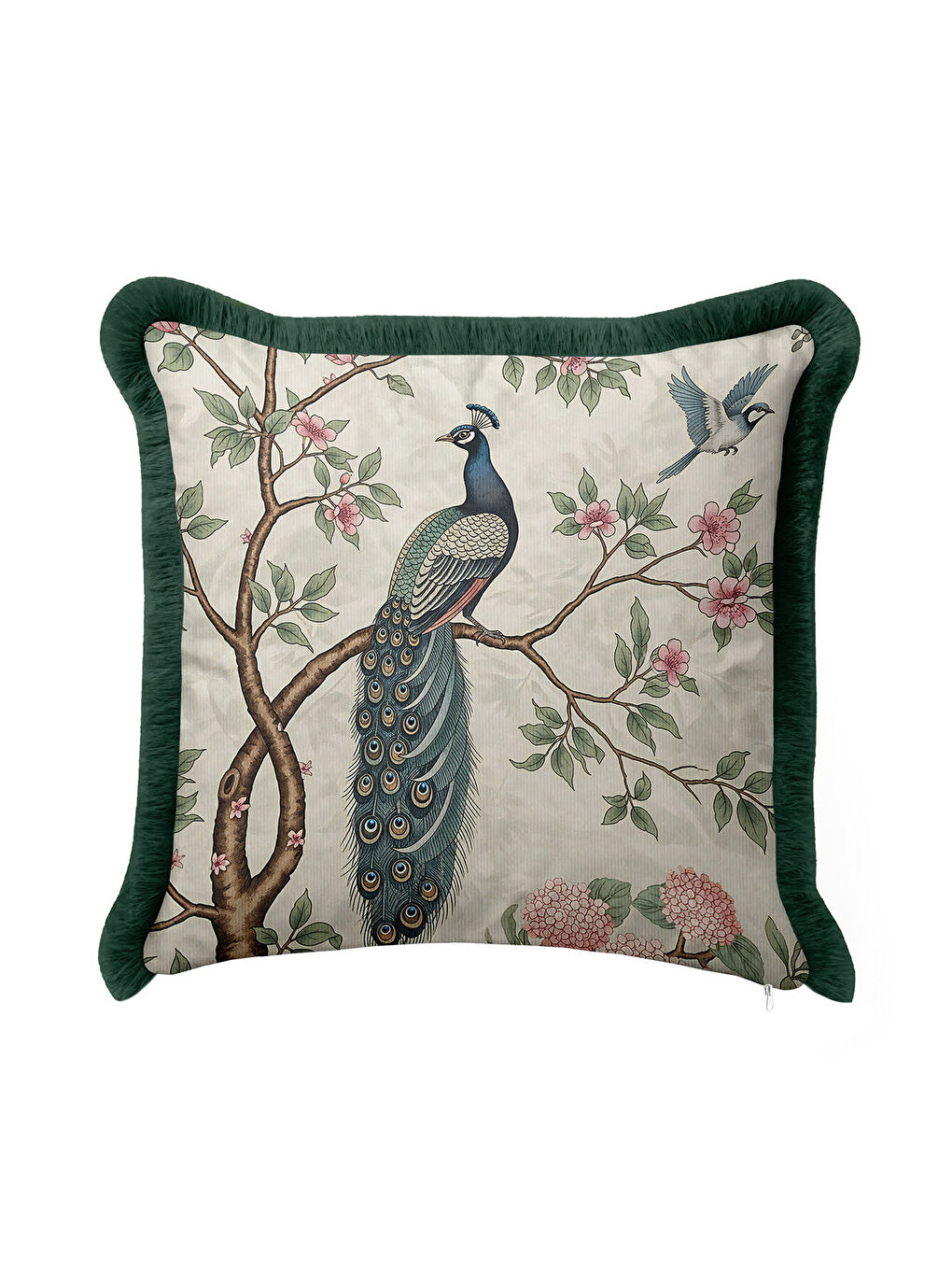 Karışık Zarif Tavuskuşlu Saçaklı Yastık Kılıfı - Doğal Çiçekli Vintage Yeşil Krem Püsküllü Kırlent Kılıfı-1