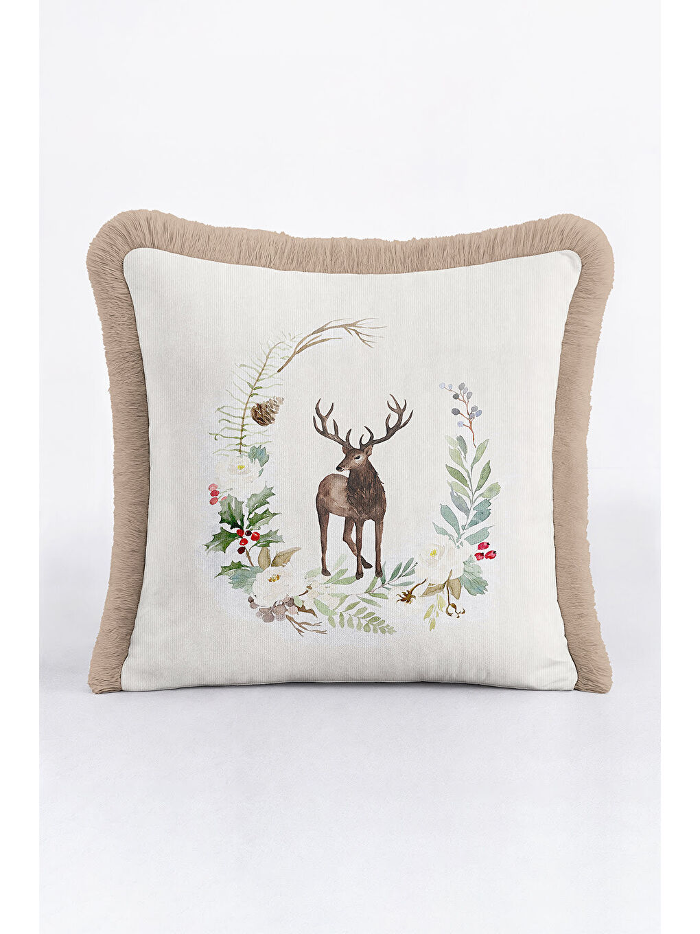 Karışık Doğal Orman Temalı Saçaklı Yastık Kılıfı - Geyik Figürü Tarzı Krem Bej Püsküllü Kırlent Kılıfı-2