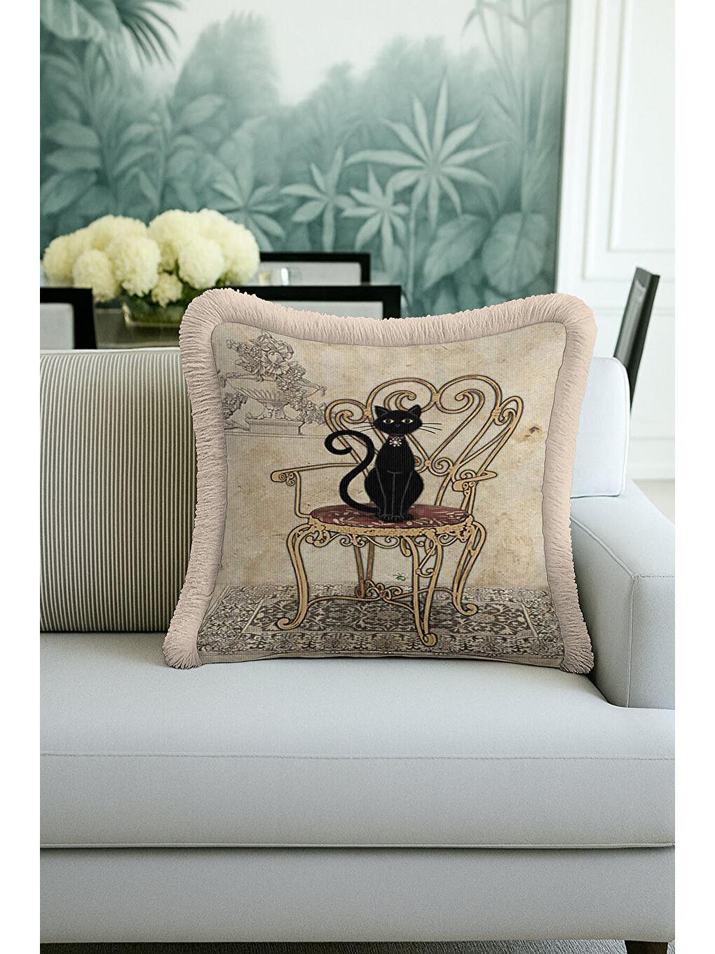 Karışık Vintage Kedi Motifli Saçaklı Yastık Kılıfı - Romantik Retro Bej Siyah Püsküllü Kırlent Kılıfı-4