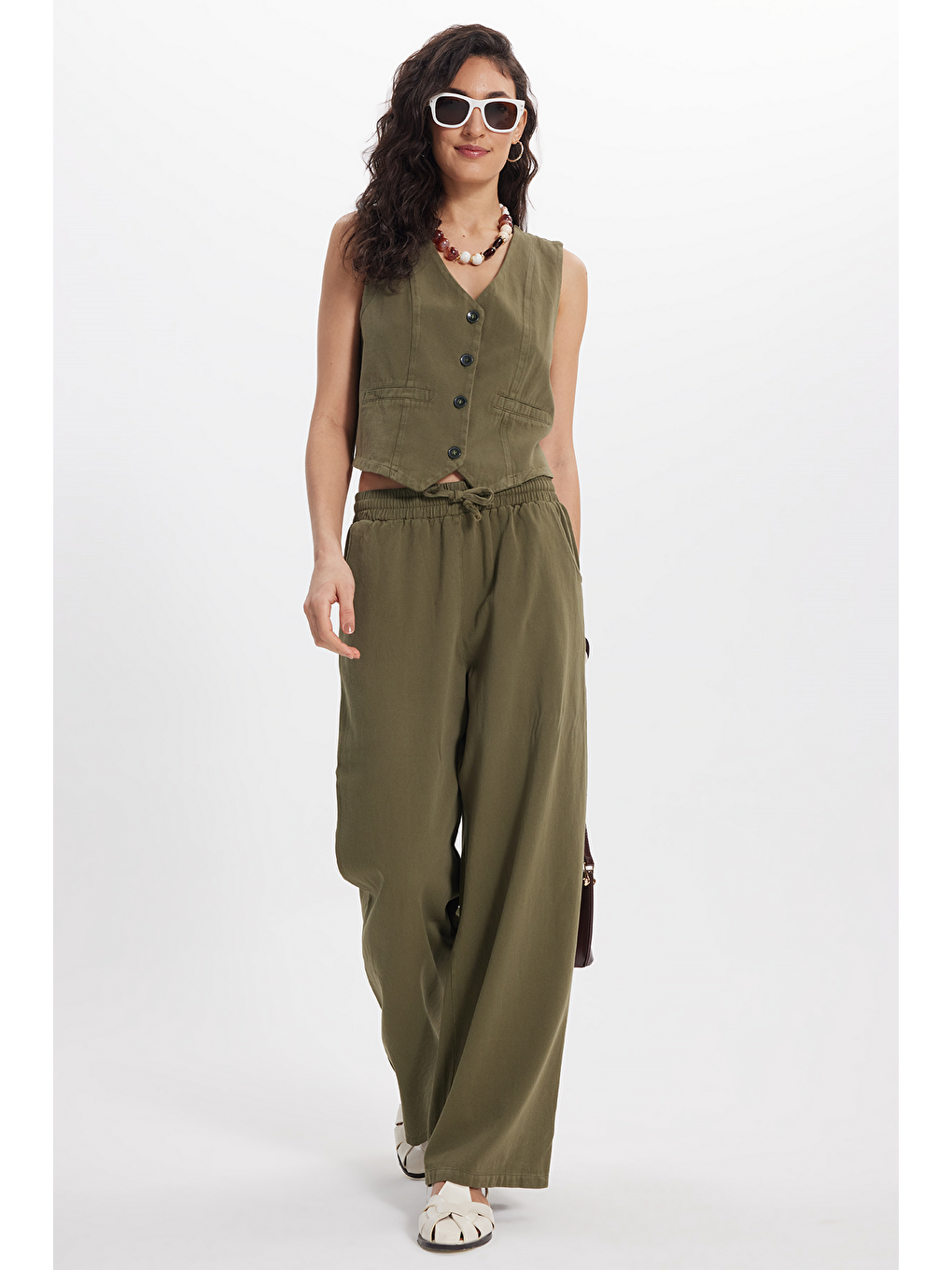 Kadın Slim Fit Dar Kesim %100 Pamuk V Yaka Çift Cepli Haki Yelek Pantolon Takım-3