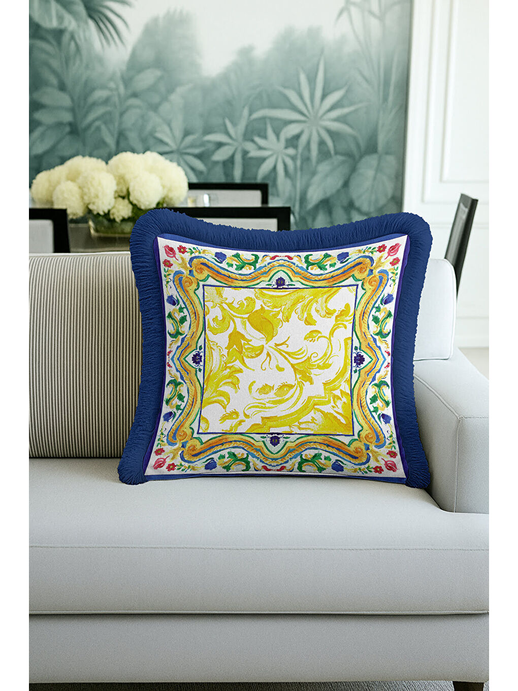 Karışık Barok Saray Motifli Saçaklı Yastık Kılıfı - Akdeniz Country Mavi Altın Renk Püsküllü Kırlent Kılıfı-1