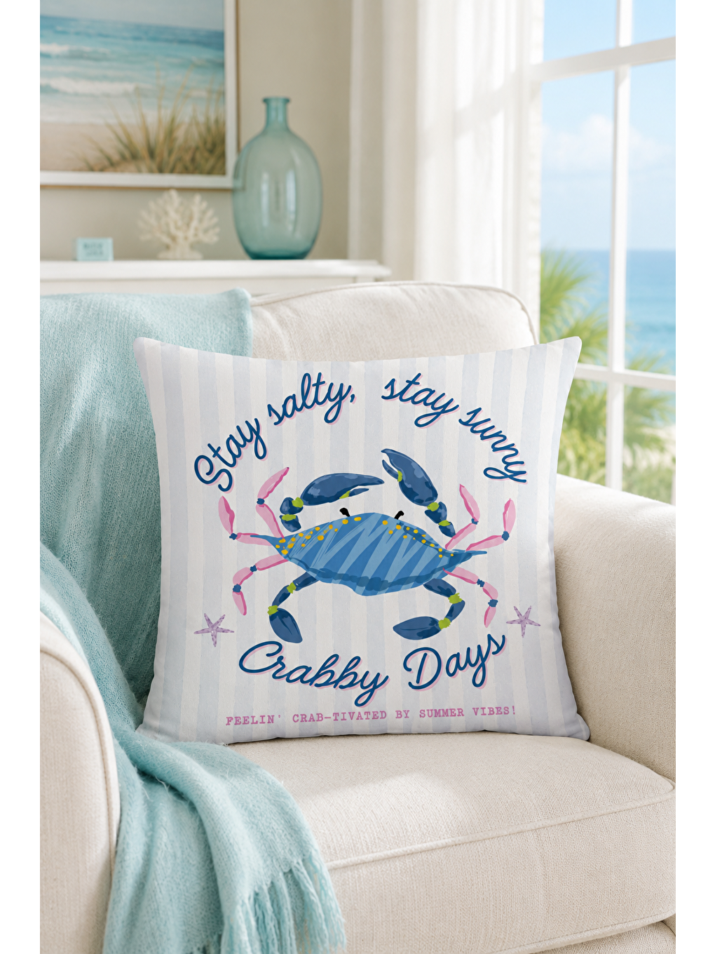 Beyaz Crabby Days Mavi Yengeç Yazı Baskılı Dekoratif Kırlent Kılıfı Marin Dekor 43x43 Cm-4