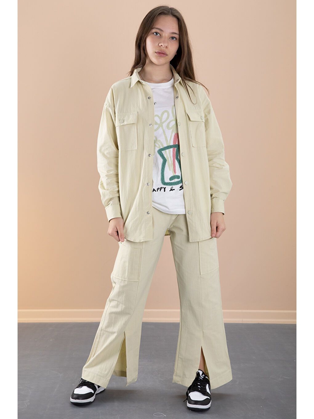 Yeşil Kız Çocuk Çiçek Baskılı Gömlekli Jogger Pantolonlu 3lü Takım 20475