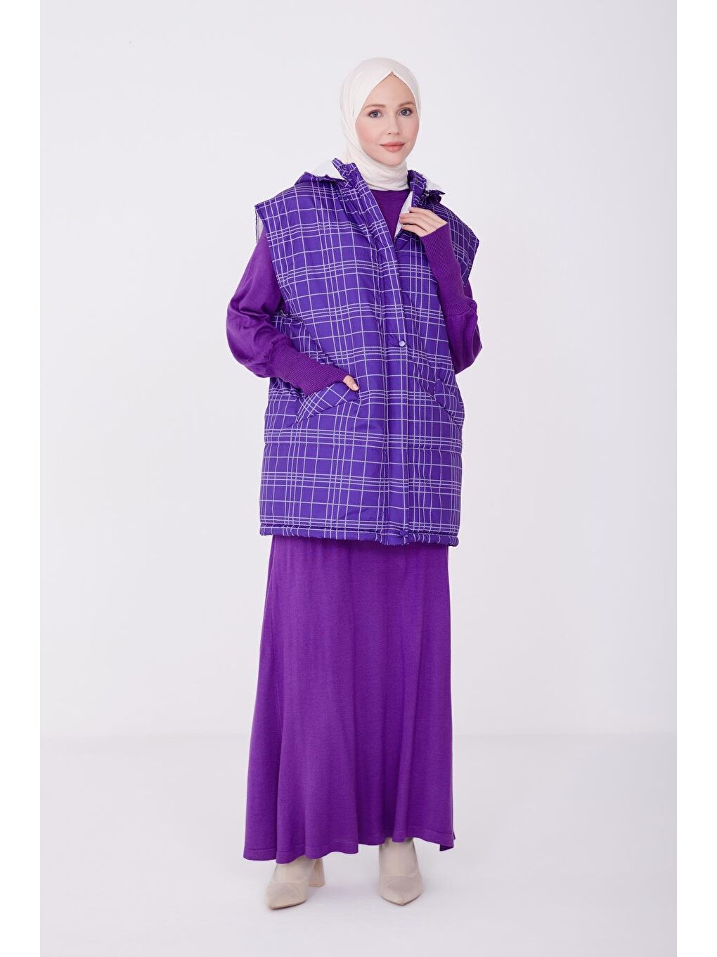 Baskılı Ve Kapitoneli Yelek 22K4001 Morcivert-3