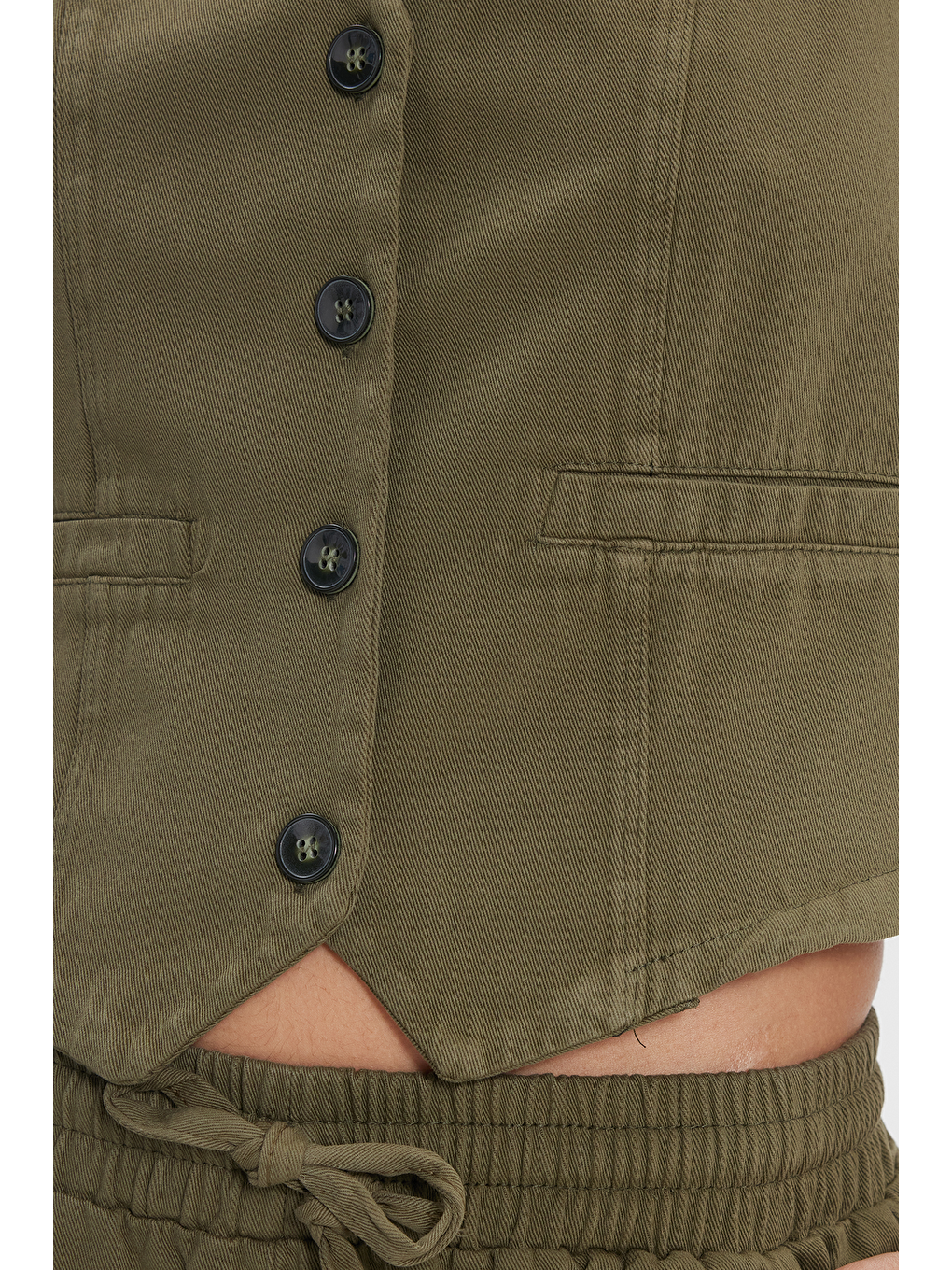 Kadın Slim Fit Dar Kesim %100 Pamuk V Yaka Çift Cepli Haki Yelek Pantolon Takım-4
