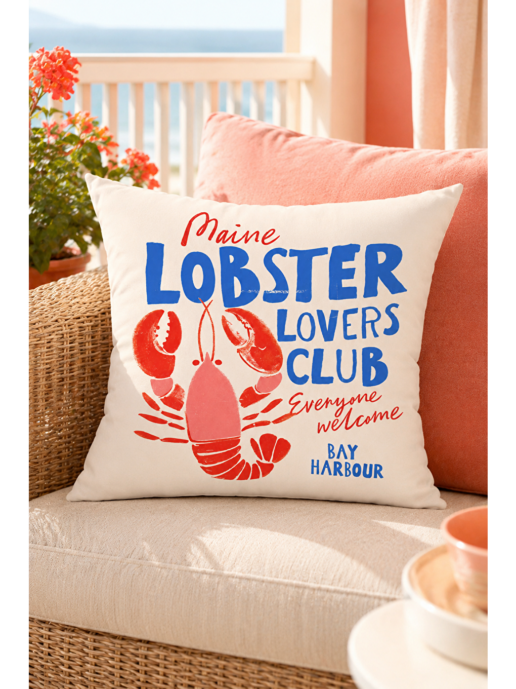 Beyaz Maine Lobster Lovers Club Marin Dekoratif Kırlent Kılıfı Yazlık Ev Dekor 43x43 Cm-2