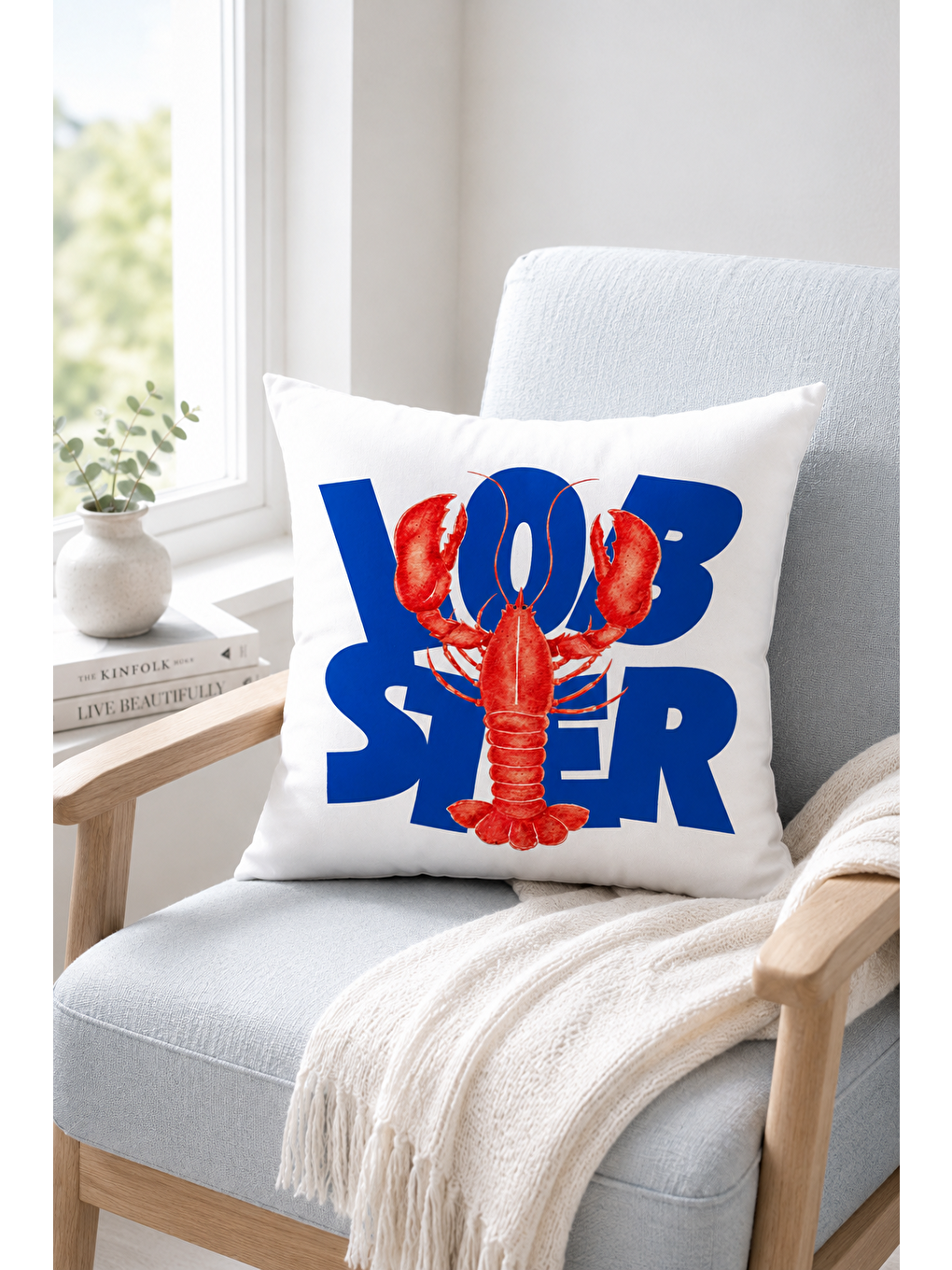 Beyaz Lobster Mavi Yazı Baskılı Marin Dekoratif Kırlent Kılıfı Yazlık Ev Dekor 43x43 Cm-6