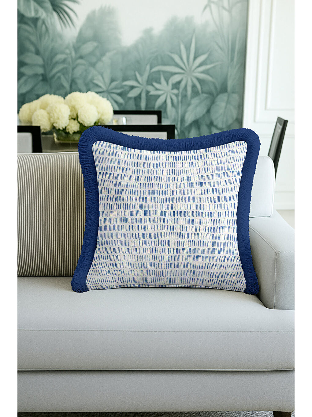 Karışık Çizgili Lüks Saçaklı Yastık Kılıfı - Akdeniz Modern Mavi Beyaz Püsküllü Kırlent Kılıfı-3