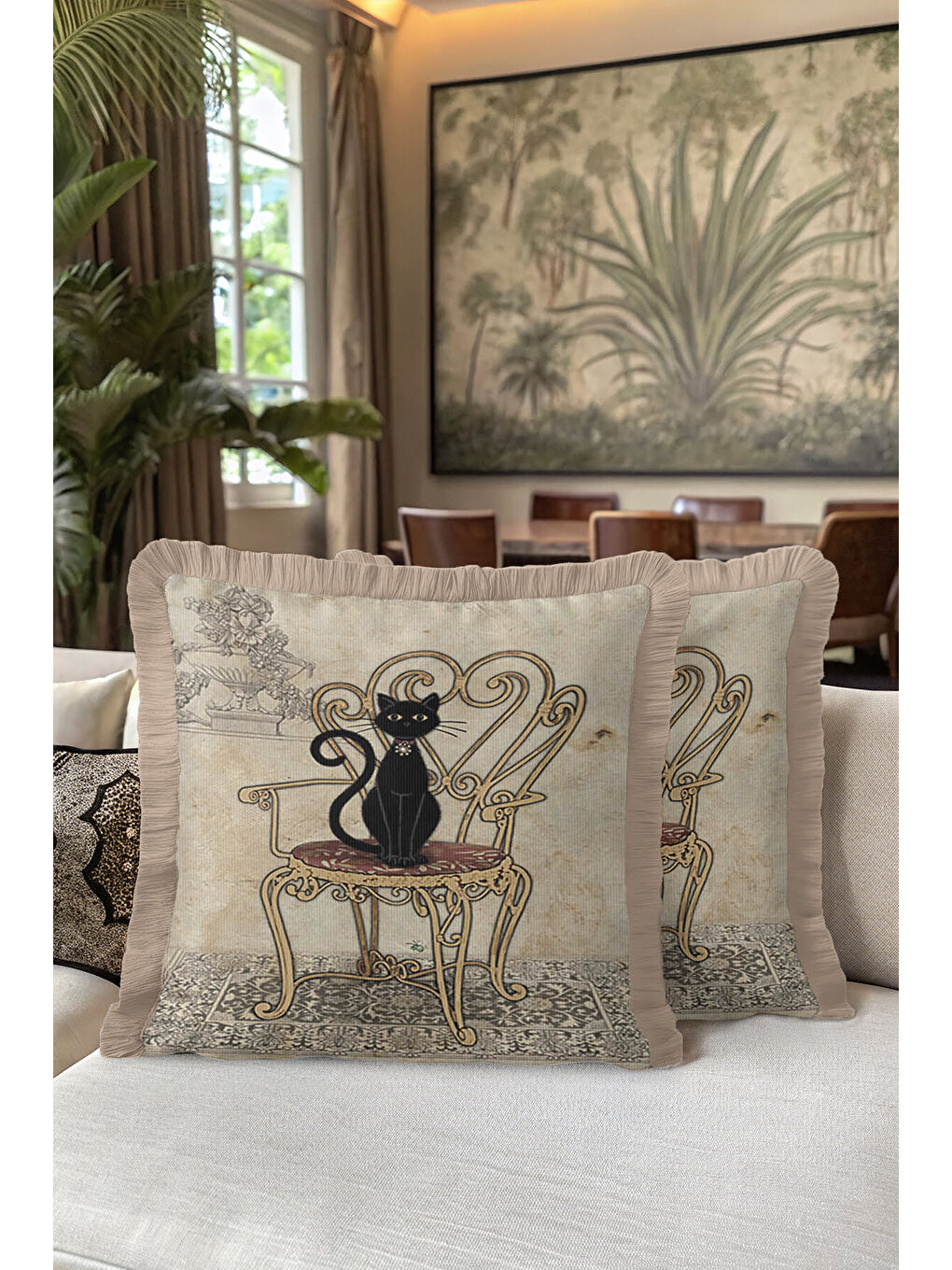 Karışık Vintage Kedi Motifli Saçaklı Yastık Kılıfı - Romantik Retro Bej Siyah Püsküllü Kırlent Kılıfı-5