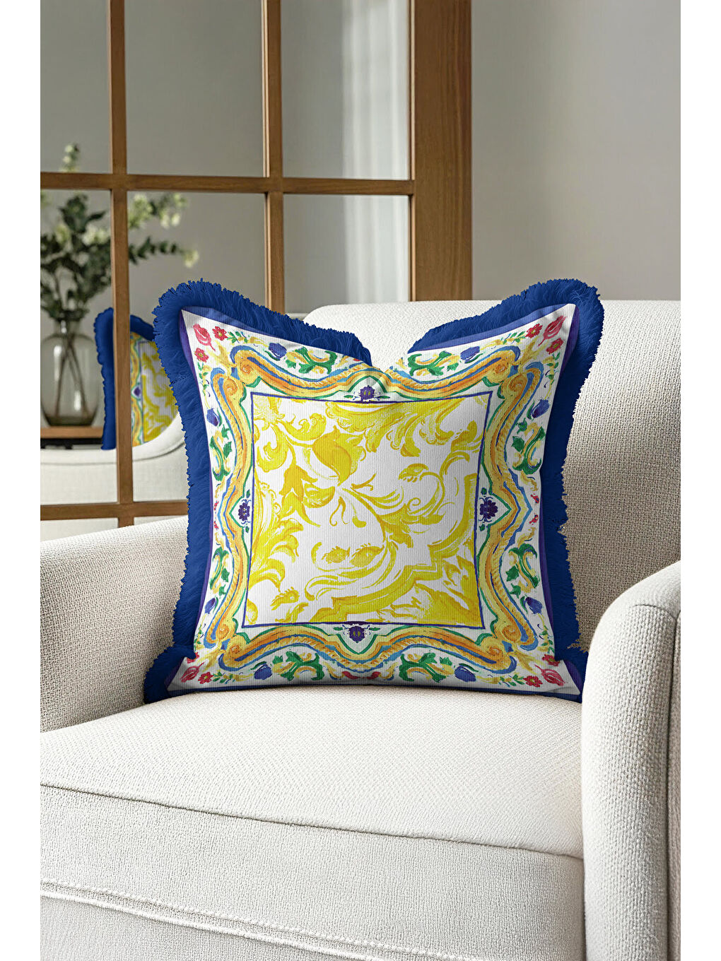 Karışık Barok Saray Motifli Saçaklı Yastık Kılıfı - Akdeniz Country Mavi Altın Renk Püsküllü Kırlent Kılıfı-2