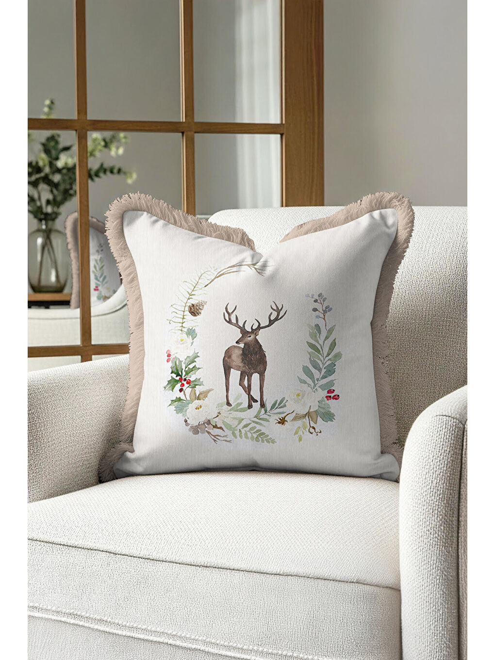 Karışık Doğal Orman Temalı Saçaklı Yastık Kılıfı - Geyik Figürü Tarzı Krem Bej Püsküllü Kırlent Kılıfı-4