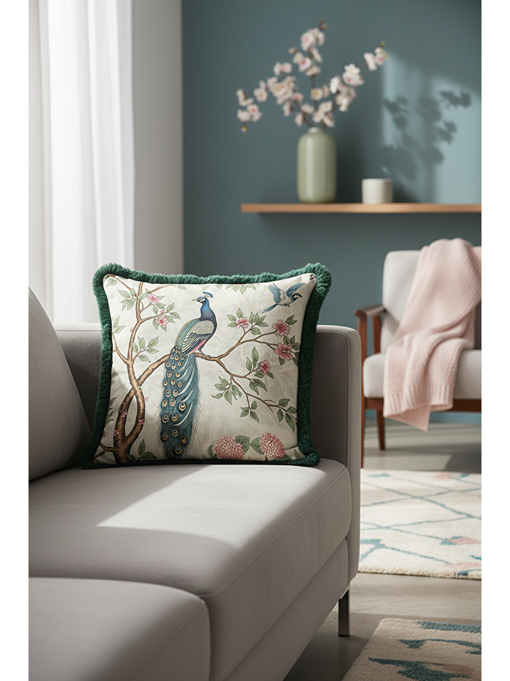 Karışık Zarif Tavuskuşlu Saçaklı Yastık Kılıfı - Doğal Çiçekli Vintage Yeşil Krem Püsküllü Kırlent Kılıfı-2