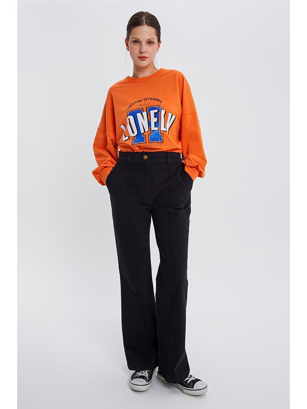 Siyah Pamuklu Çimalı Rahat Boru Paça Pantolon-4