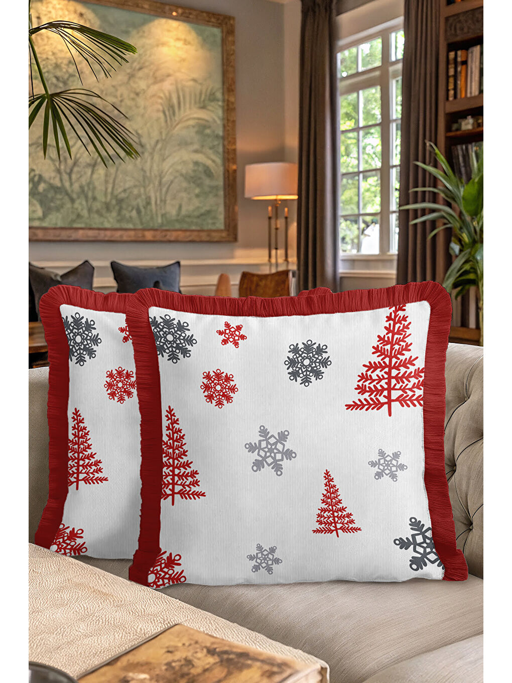 Karışık Kar Tanesi Işıltılı Saçaklı Yastık Kılıfı - Kış Temalı Modern Kırmızı Gri Püsküllü Kırlent Kılıfı-7