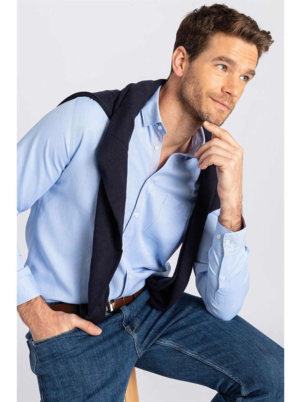 Mavi Klasik Fit Uzun Kollu Düğmeli Yaka Pamuklu Kolay Ütü Oxford Düz Erkek Gömlek