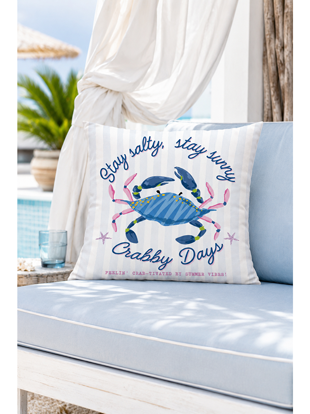 Beyaz Crabby Days Mavi Yengeç Yazı Baskılı Dekoratif Kırlent Kılıfı Marin Dekor 43x43 Cm-5