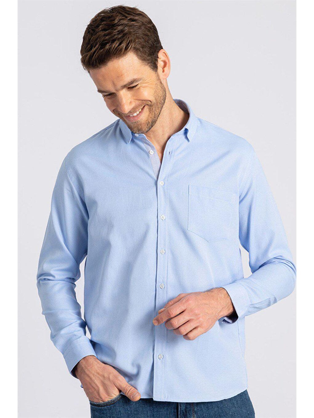 Mavi Klasik Fit Uzun Kollu Düğmeli Yaka Pamuklu Kolay Ütü Oxford Düz Erkek Gömlek-1