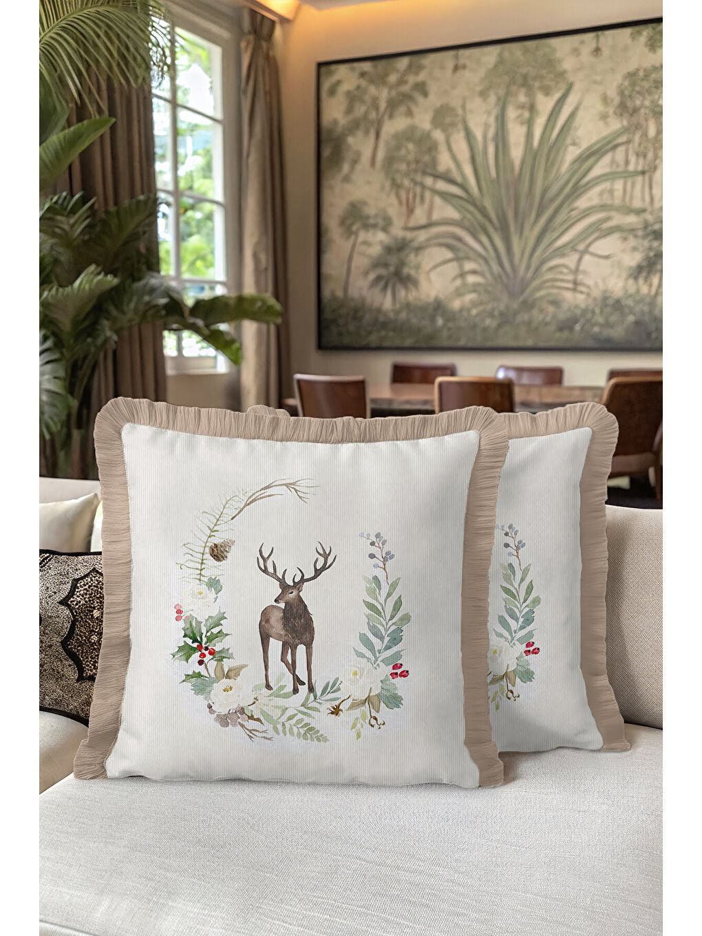 Karışık Doğal Orman Temalı Saçaklı Yastık Kılıfı - Geyik Figürü Tarzı Krem Bej Püsküllü Kırlent Kılıfı-5