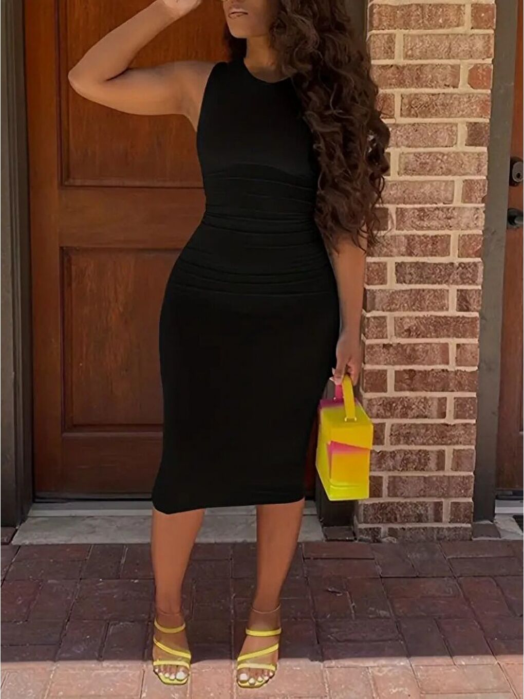 Siyah Kadın Bodycon Midi Boy Dalgıç Elbise-1