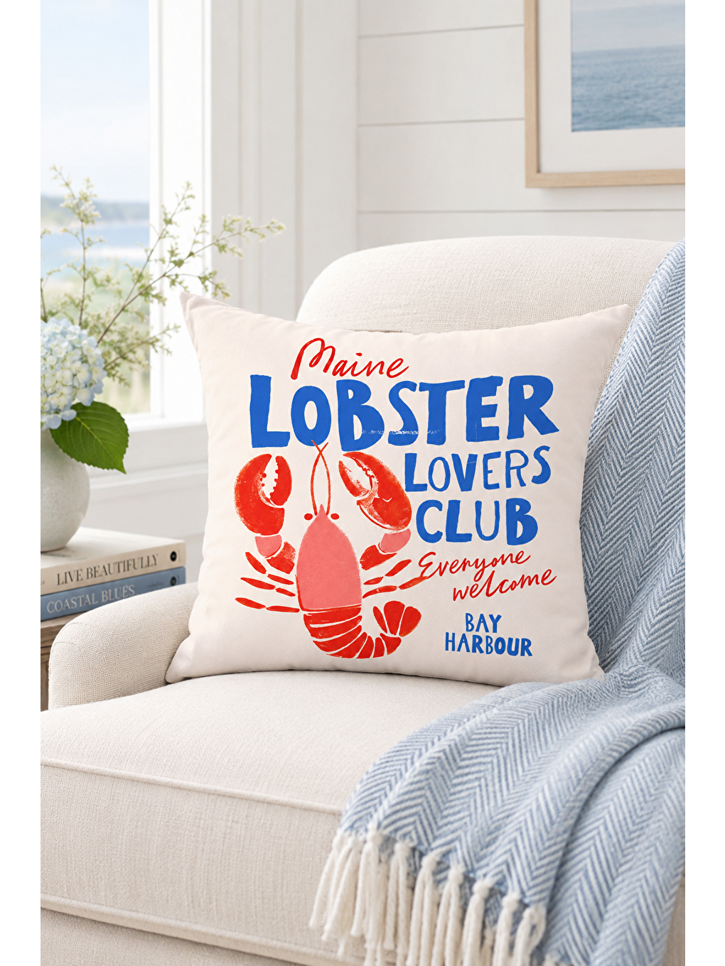 Beyaz Maine Lobster Lovers Club Marin Dekoratif Kırlent Kılıfı Yazlık Ev Dekor 43x43 Cm-3