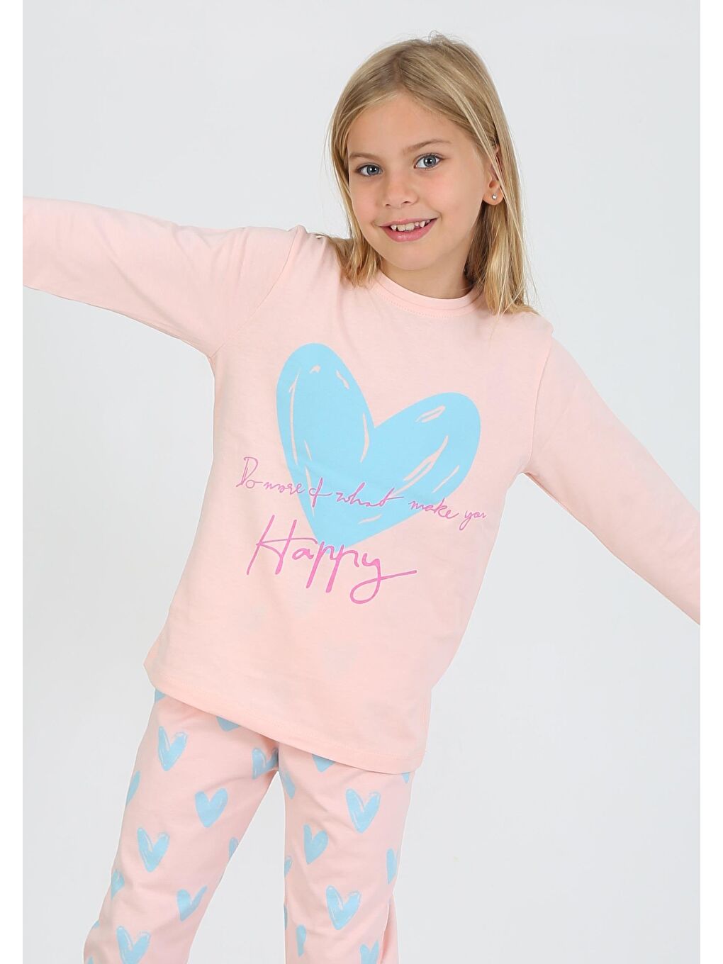 Pembe Kız Çocuk Uzun Kollu %100 Pamuklu Pijama Takımı Happy Heart Somon