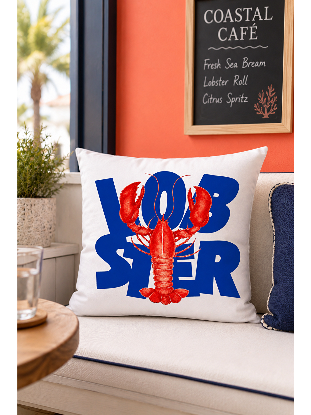 Beyaz Lobster Mavi Yazı Baskılı Marin Dekoratif Kırlent Kılıfı Yazlık Ev Dekor 43x43 Cm-7