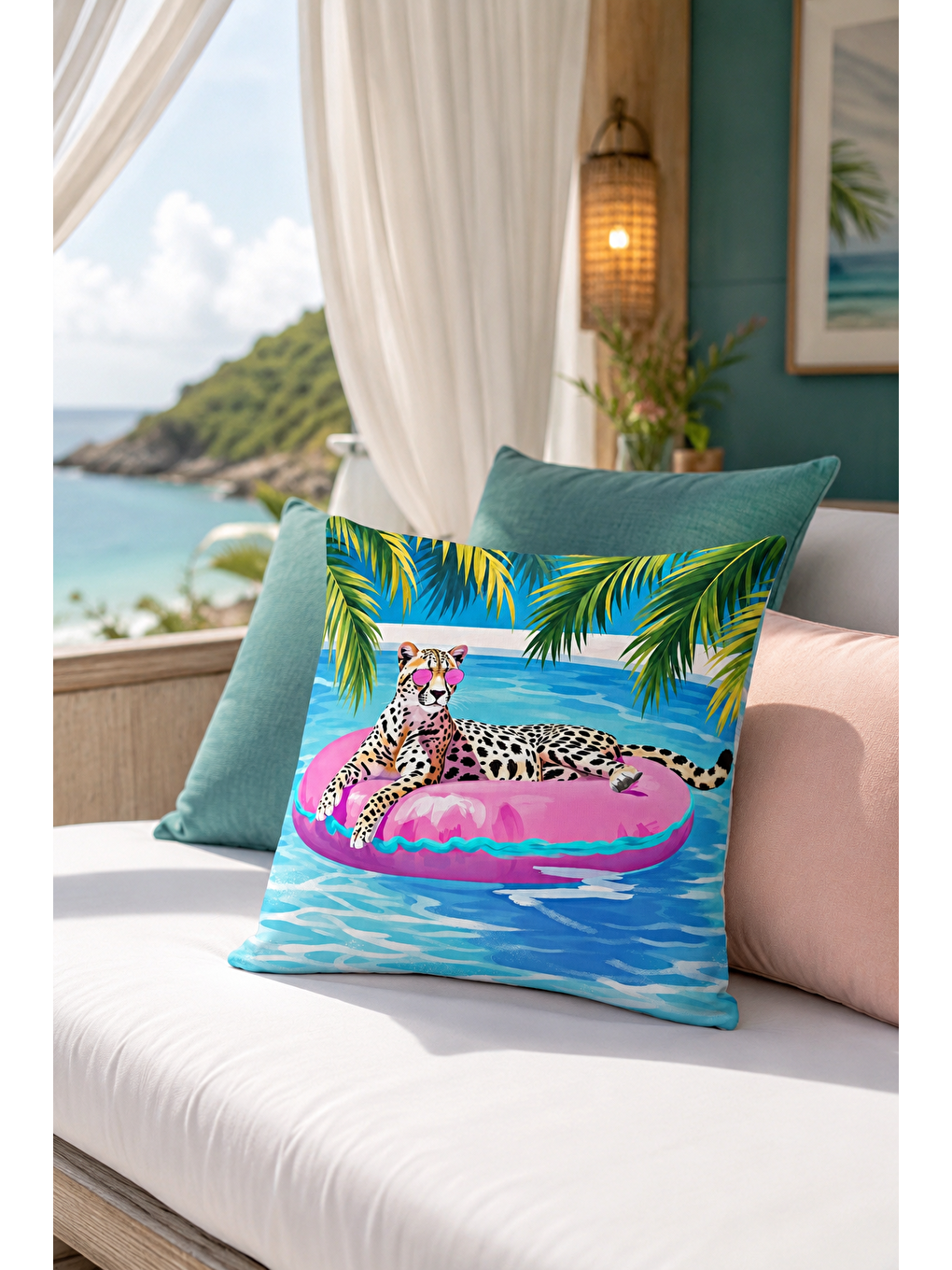 Mavi Havuzda Leopar Tropikal Desenli Dekoratif Kırlent Kılıfı Yazlık Ev Dekor 43x43 Cm-1