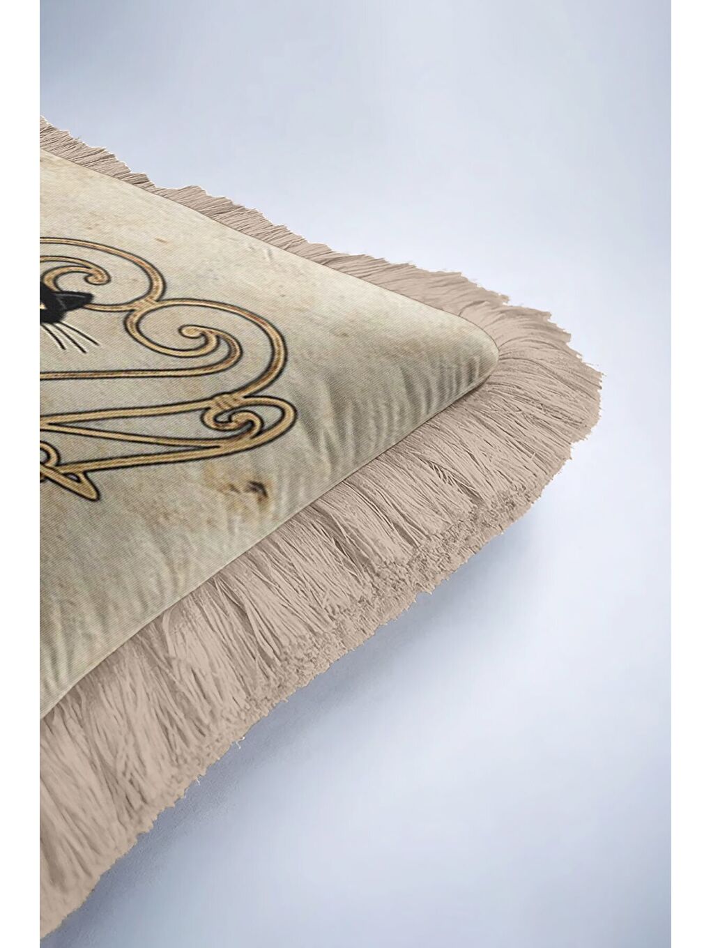 Karışık Vintage Kedi Motifli Saçaklı Yastık Kılıfı - Romantik Retro Bej Siyah Püsküllü Kırlent Kılıfı-6