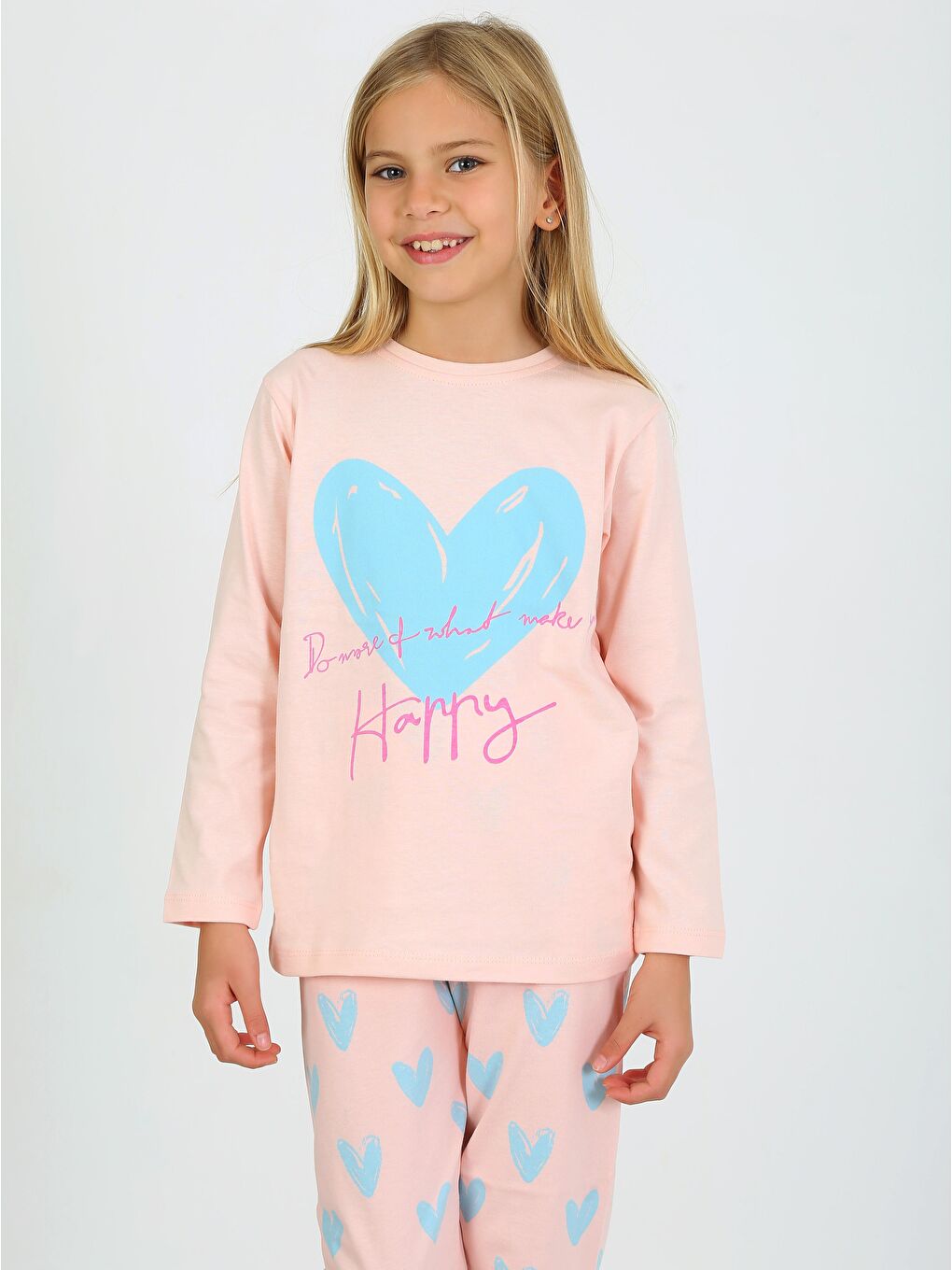 Pembe Kız Çocuk Uzun Kollu %100 Pamuklu Pijama Takımı Happy Heart Somon-1