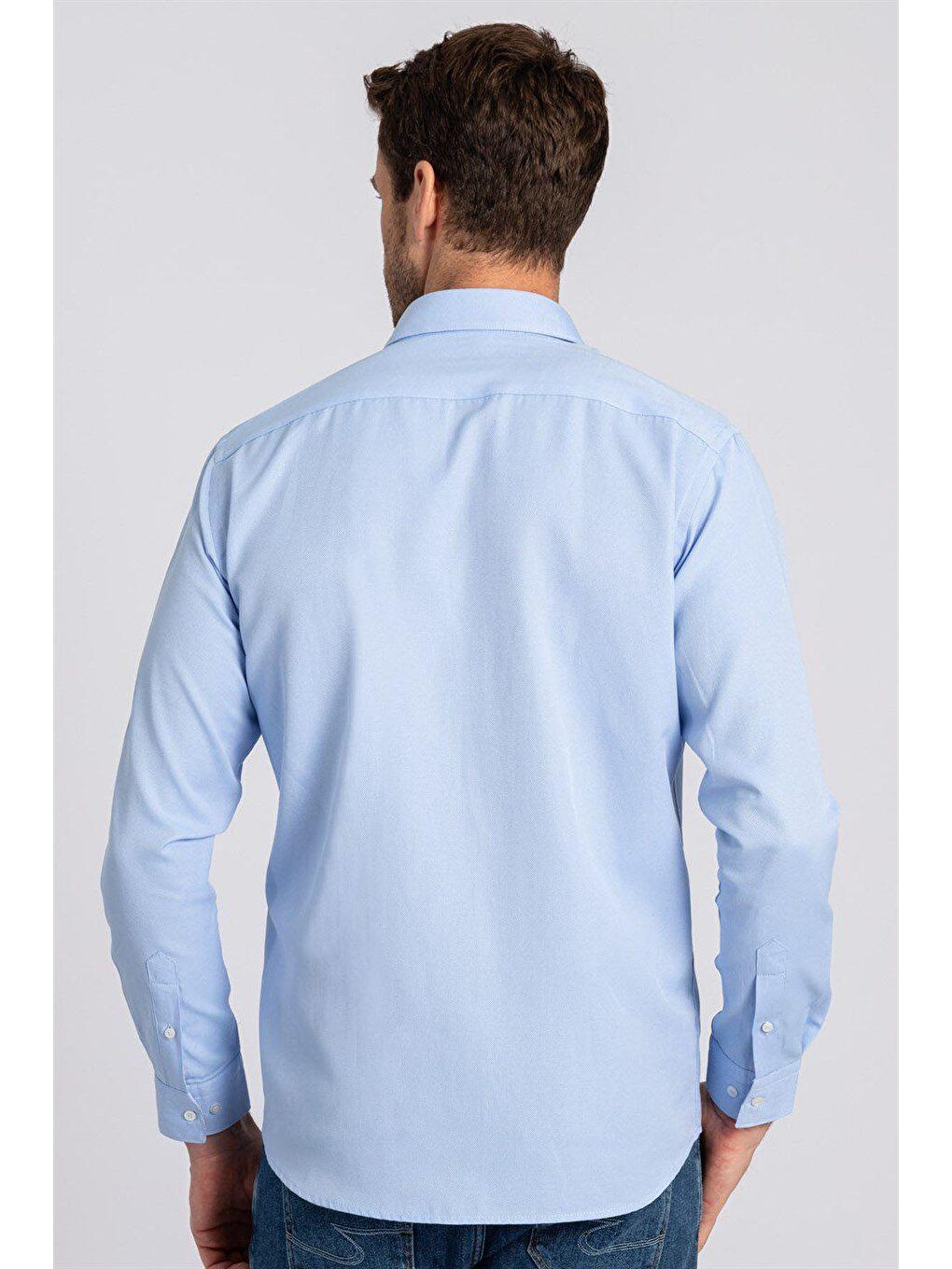 Mavi Klasik Fit Uzun Kollu Düğmeli Yaka Pamuklu Kolay Ütü Oxford Düz Erkek Gömlek-3