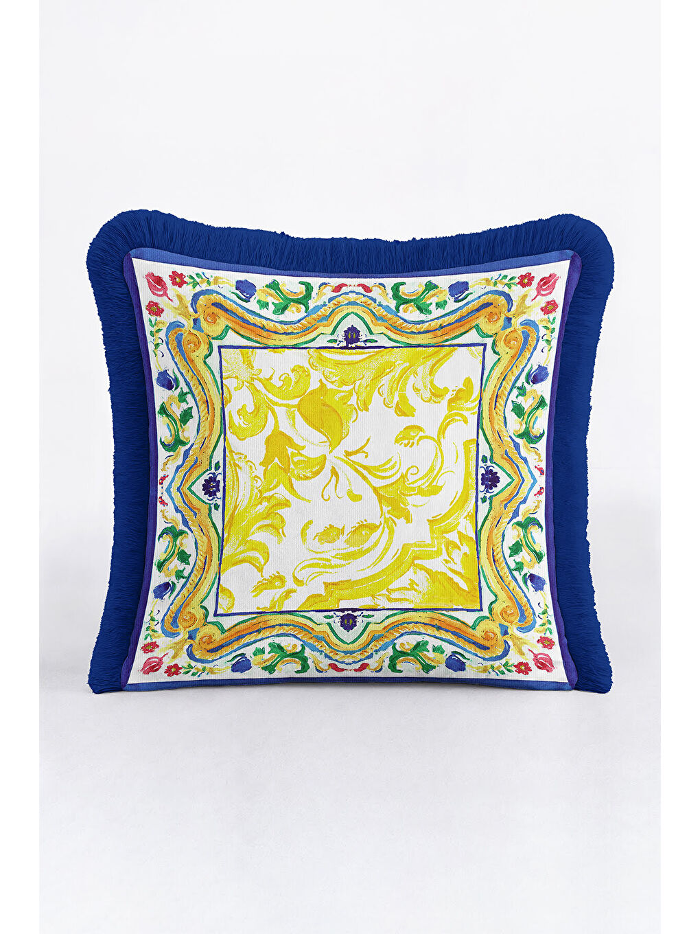 Karışık Barok Saray Motifli Saçaklı Yastık Kılıfı - Akdeniz Country Mavi Altın Renk Püsküllü Kırlent Kılıfı-3