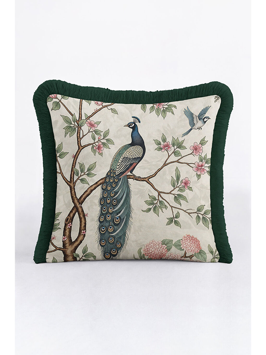 Karışık Zarif Tavuskuşlu Saçaklı Yastık Kılıfı - Doğal Çiçekli Vintage Yeşil Krem Püsküllü Kırlent Kılıfı-3