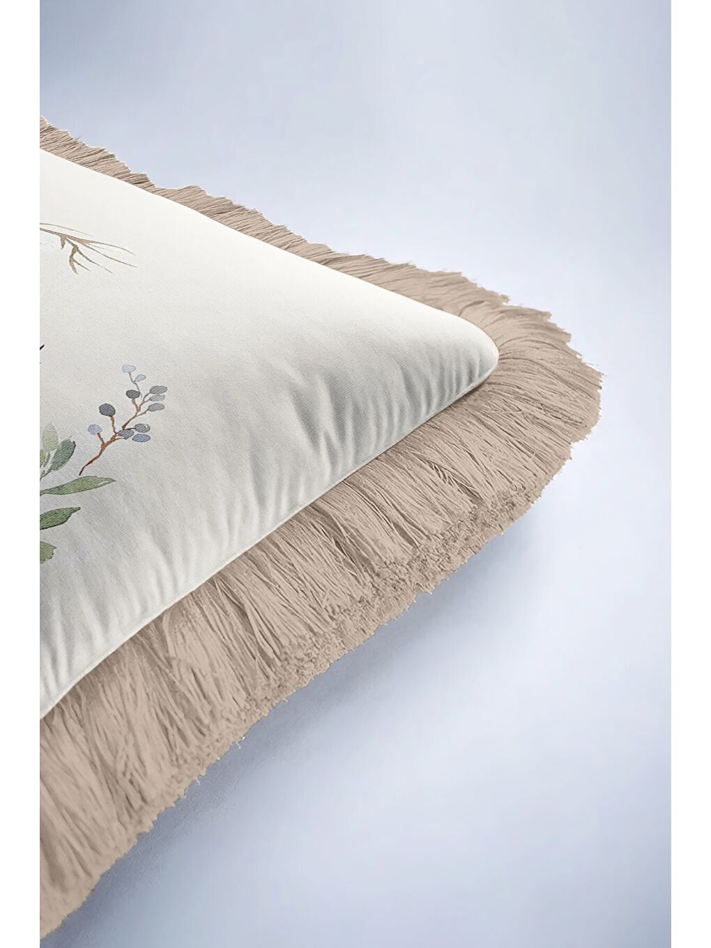 Karışık Doğal Orman Temalı Saçaklı Yastık Kılıfı - Geyik Figürü Tarzı Krem Bej Püsküllü Kırlent Kılıfı-6