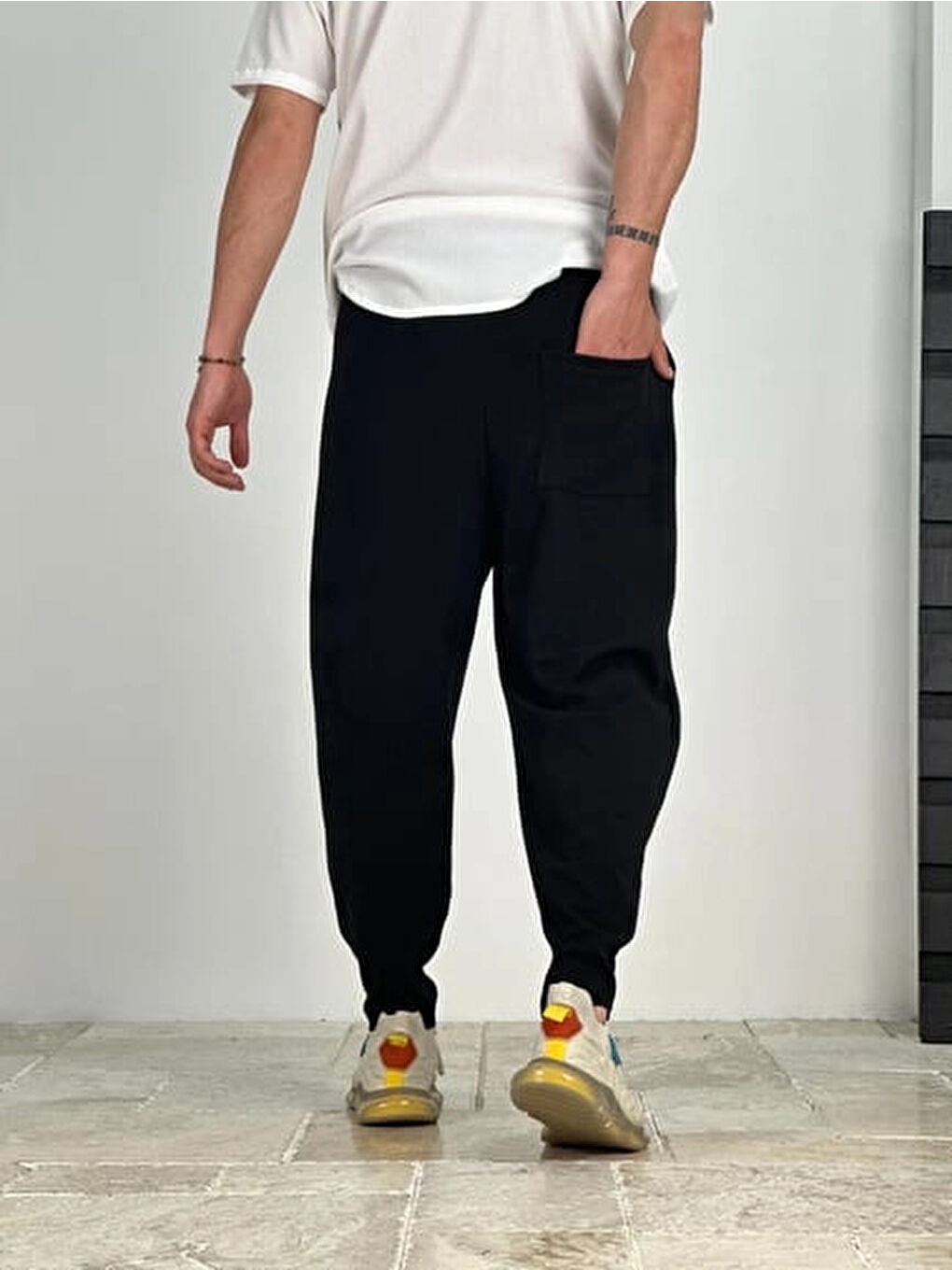 Erkek Siyah Beli İp Bağlamalı Bol Kesim Cepli Pantolon %100 Pamuk Eşofman Altı HZL24S-MXC9019-25-3
